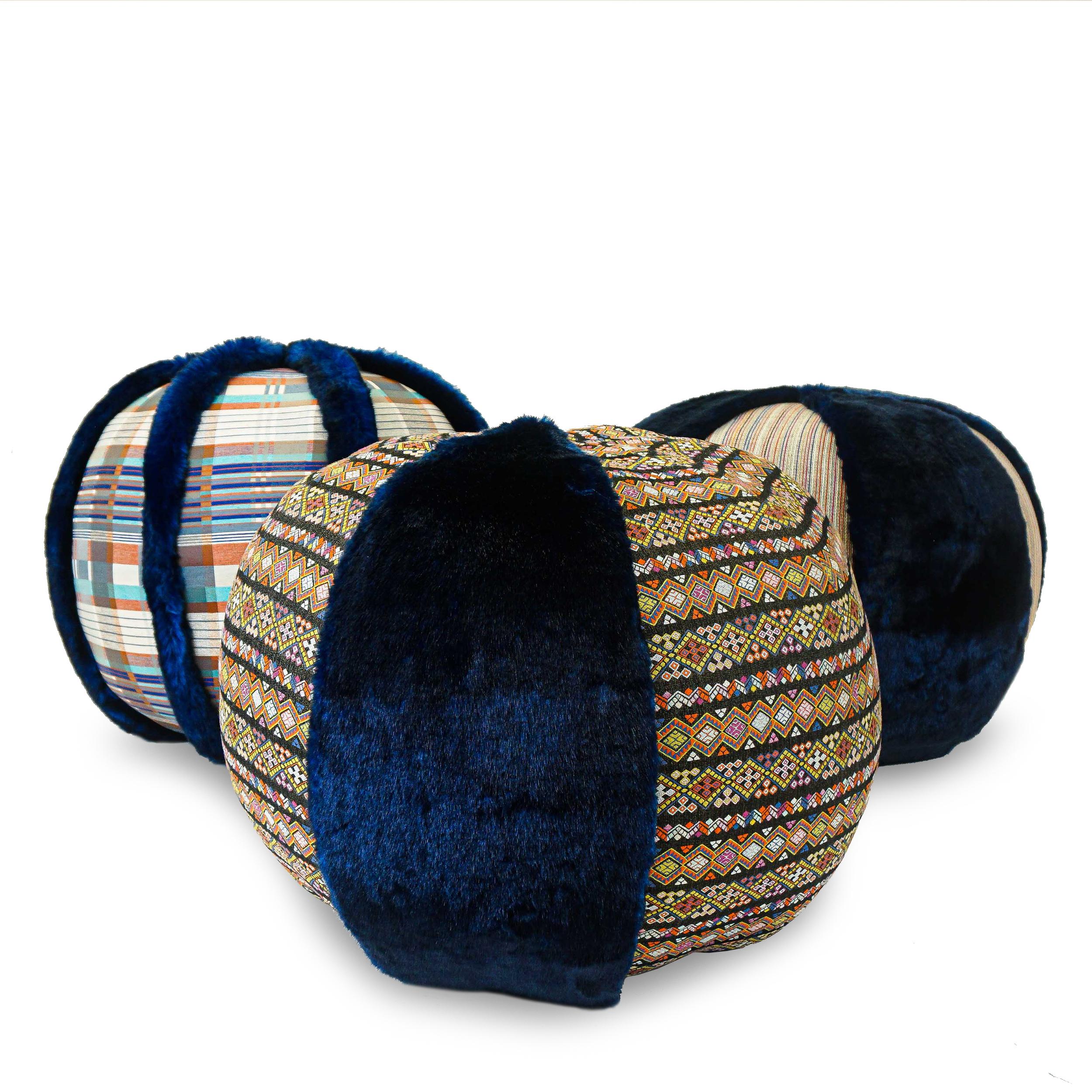 Blue Faux Fur Pouf / Ottoman with Bohemia Style Fabric For Sale 3