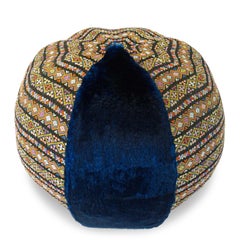 Blue Faux Fur Pouf / Ottoman with Bohemia Style Fabric