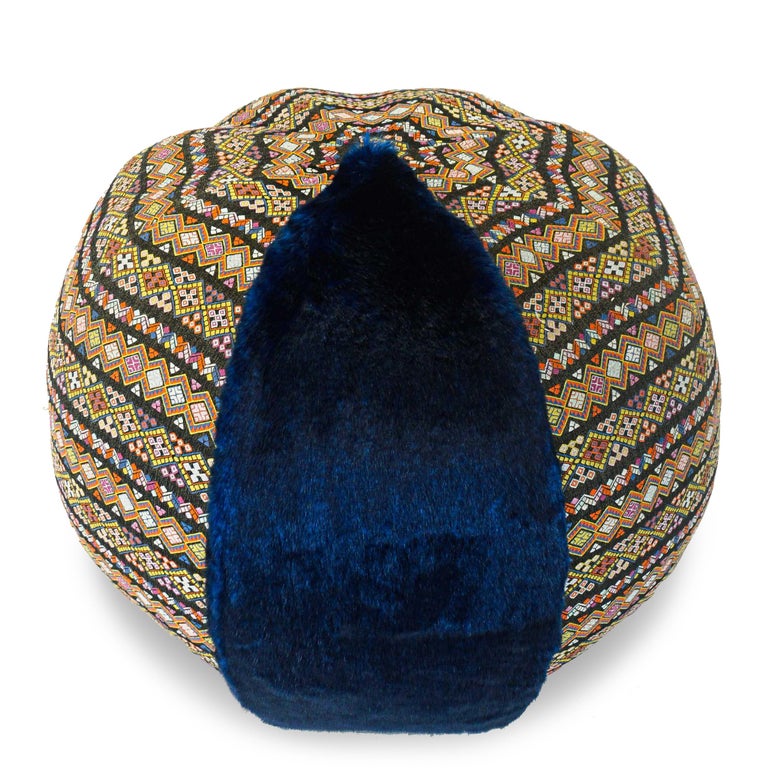 Blue Faux Fur Pouf / Ottoman with Bohemia Style Fabric For Sale at 1stDibs