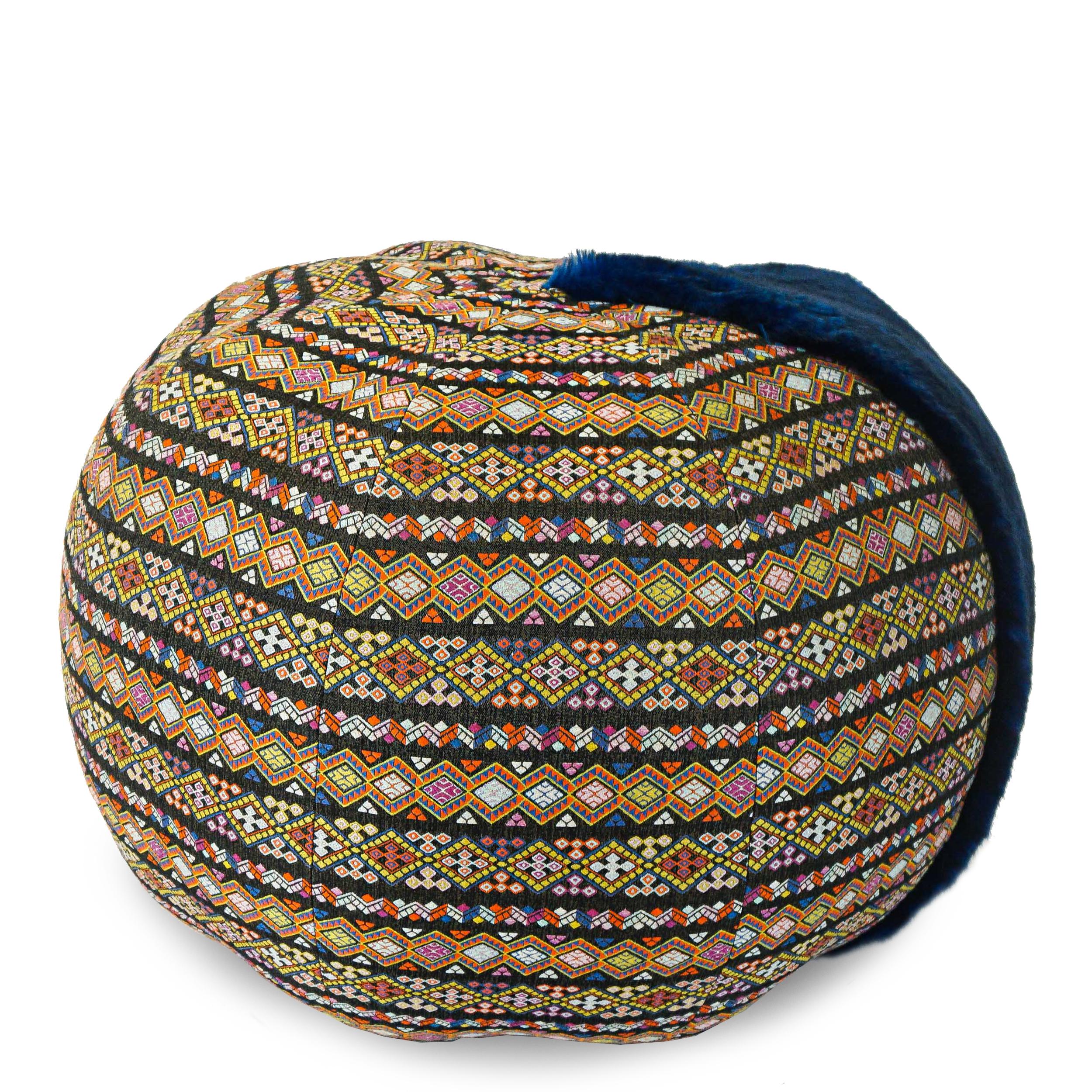 Modern Blue Faux Fur Pouf / Ottoman with Bohemia Style Fabric For Sale