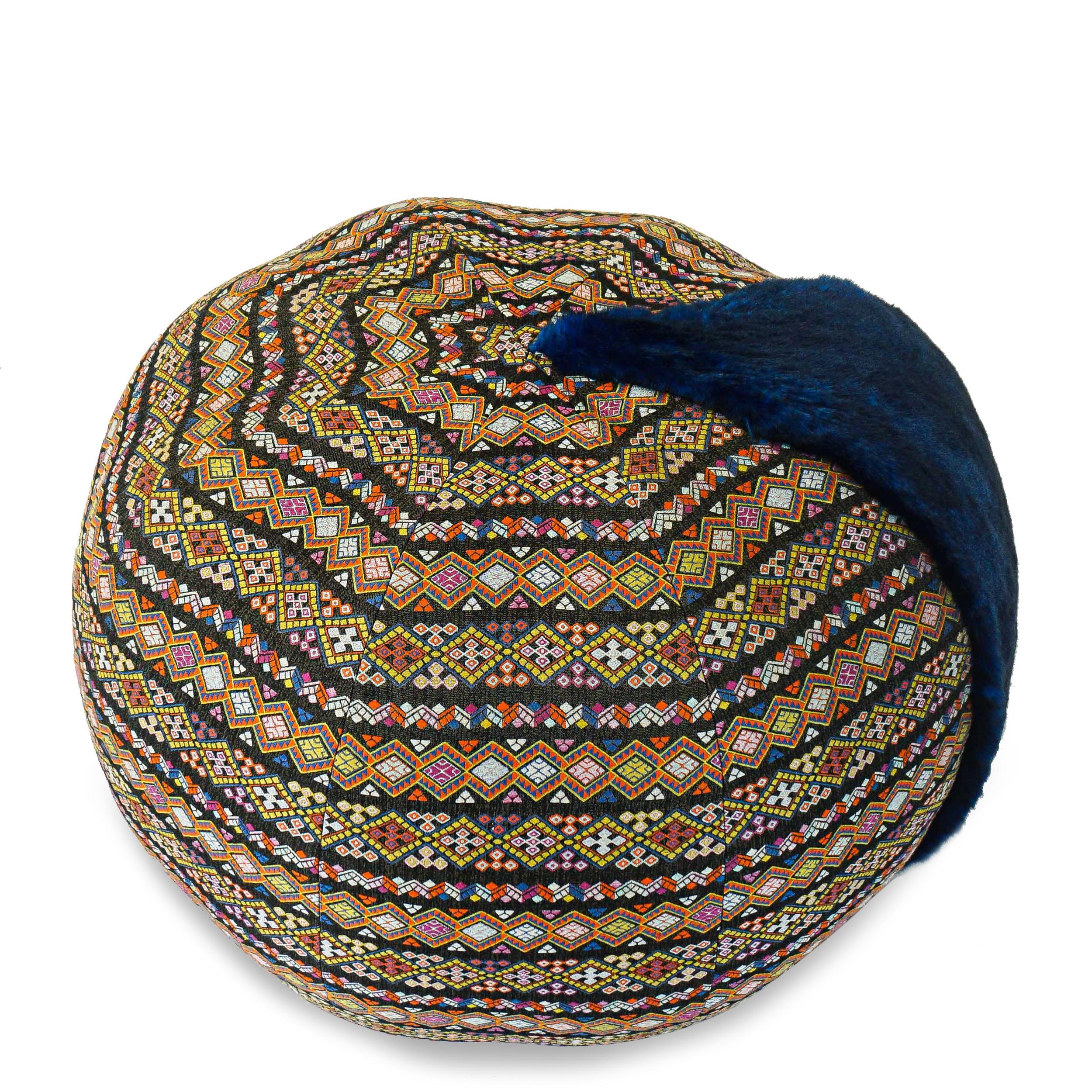 Contemporary Blue Faux Fur Pouf / Ottoman with Bohemia Style Fabric For Sale