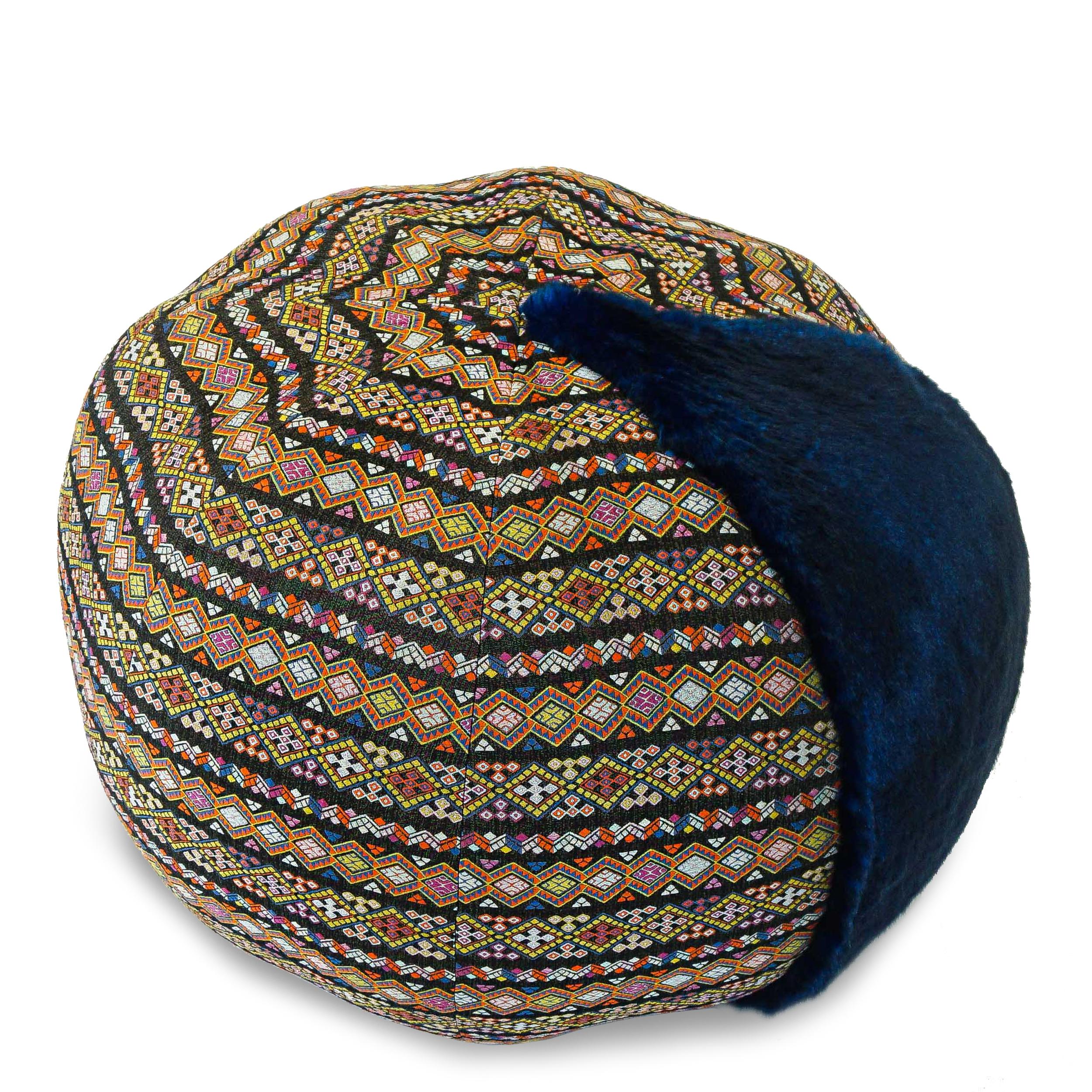 Blue Faux Fur Pouf / Ottoman with Bohemia Style Fabric In New Condition For Sale In Greenwich, CT