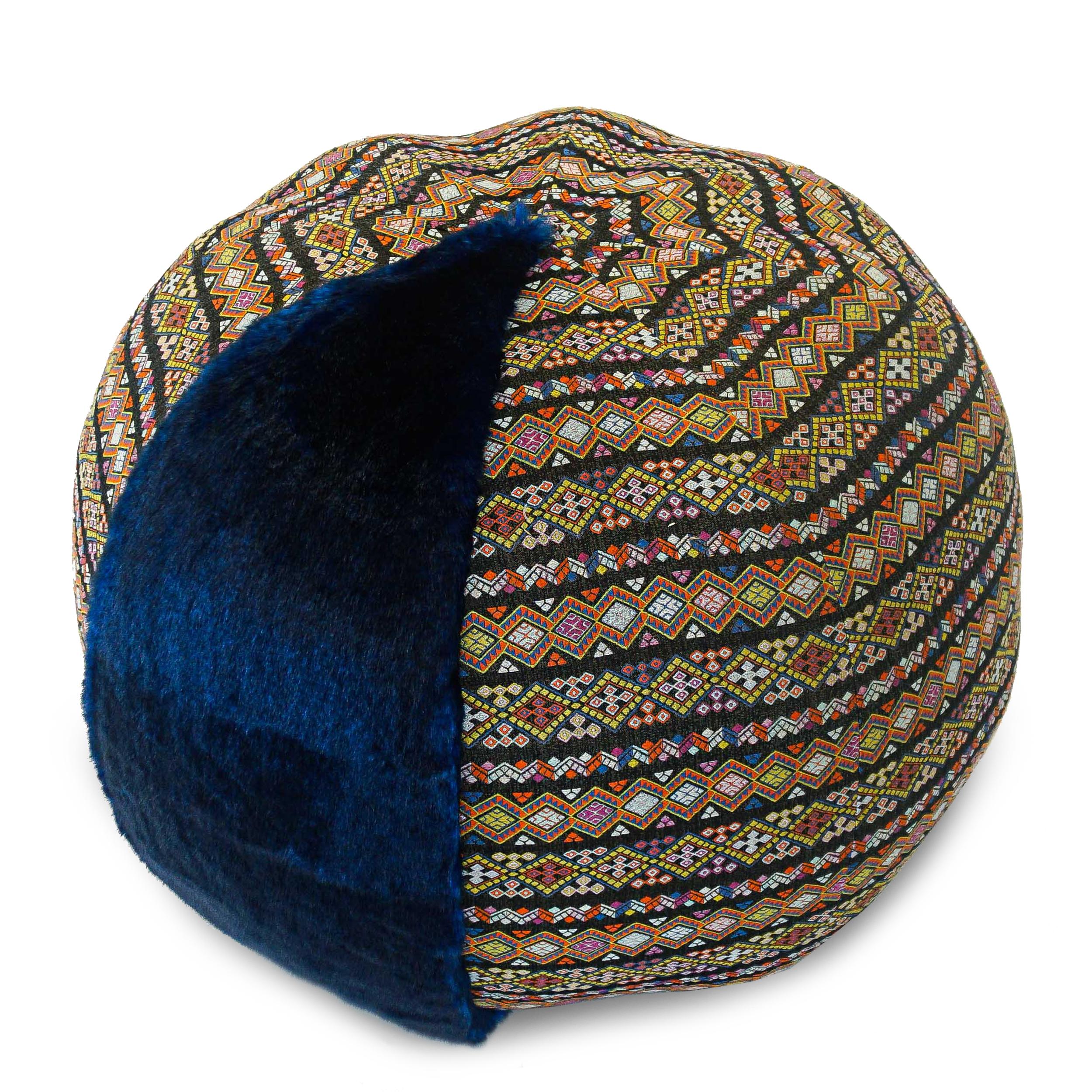 Blue Faux Fur Pouf / Ottoman with Bohemia Style Fabric For Sale 2