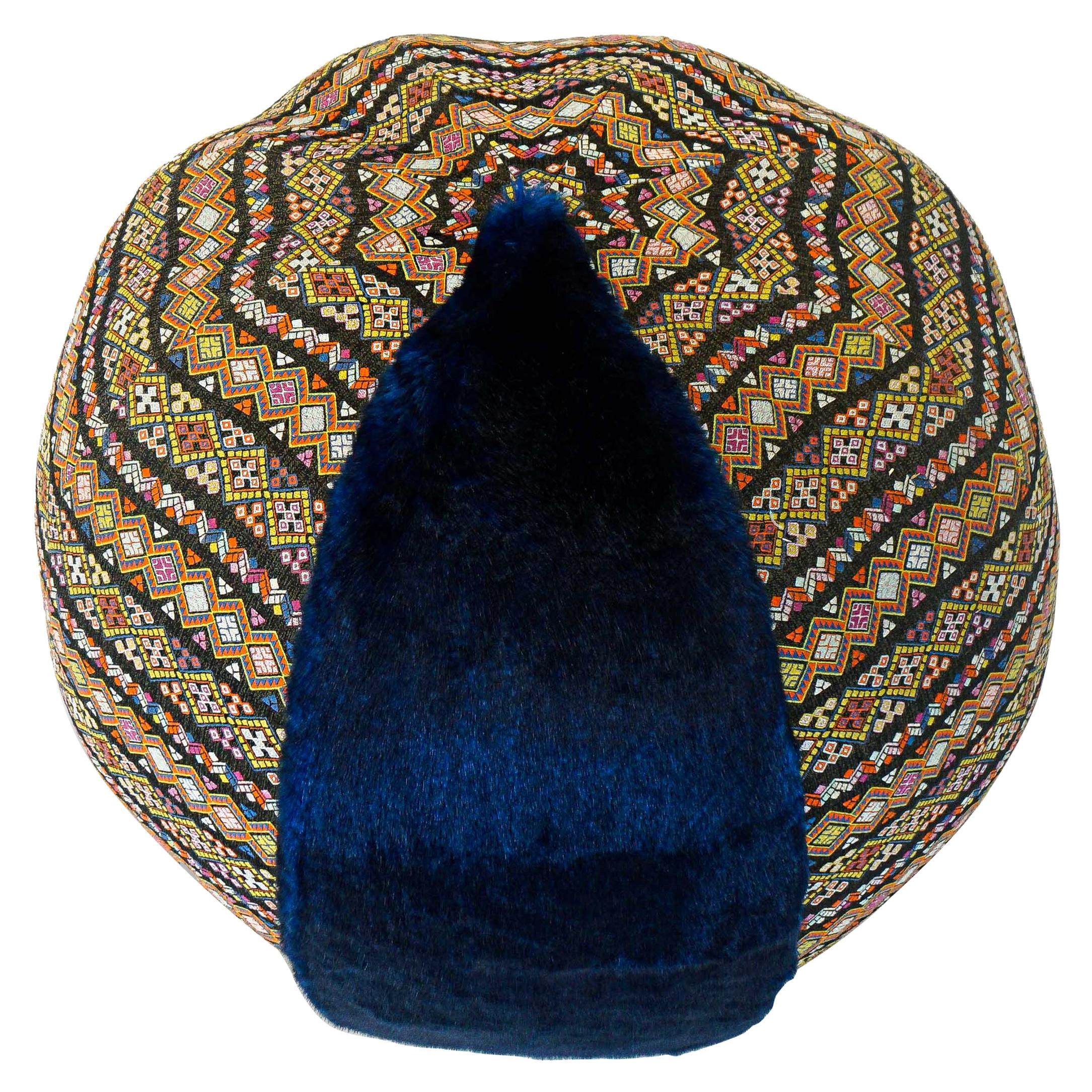 Blue Faux Fur Pouf / Ottoman with Bohemia Style Fabric For Sale