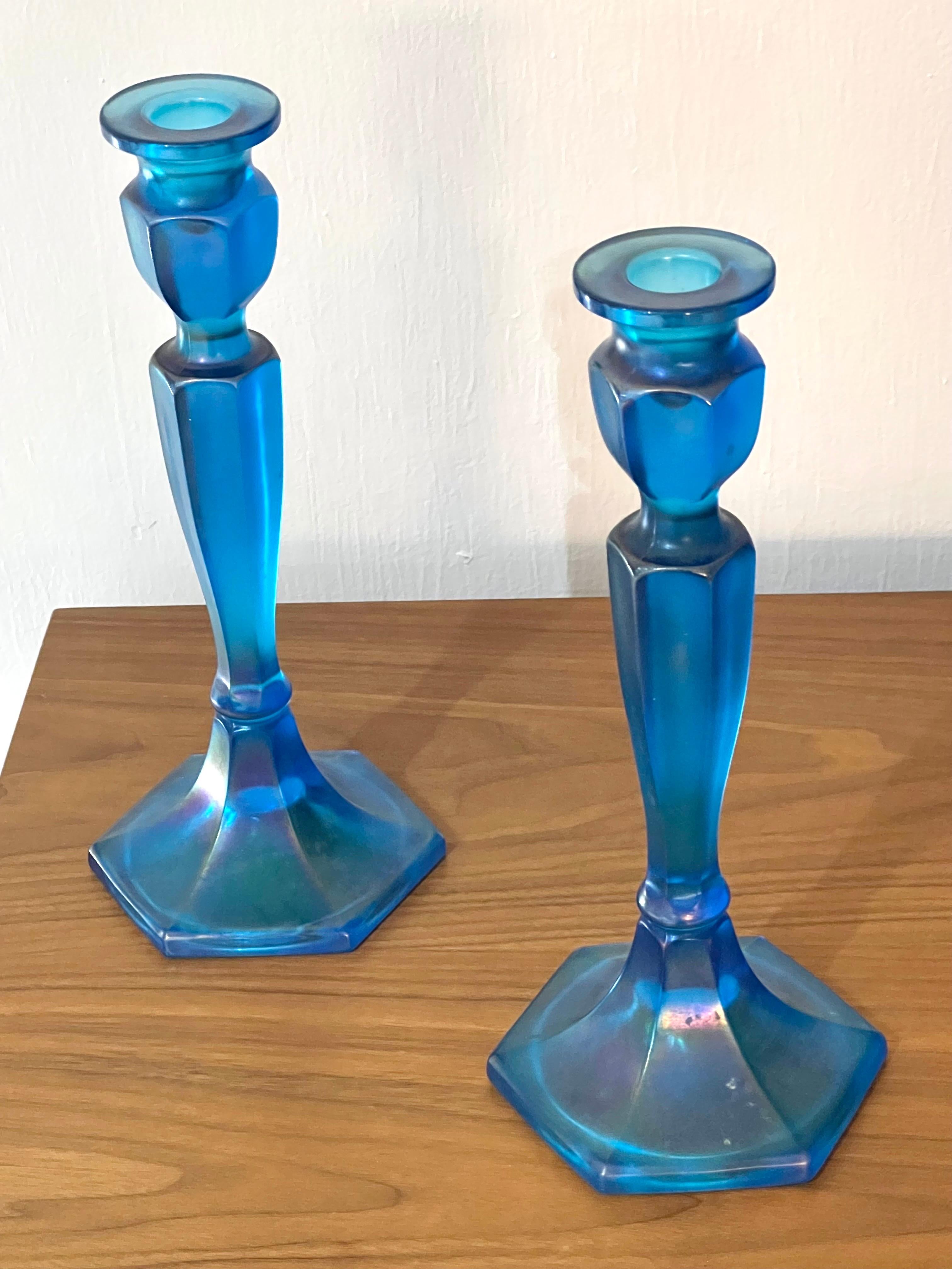 vintage blue glass candlestick holders
