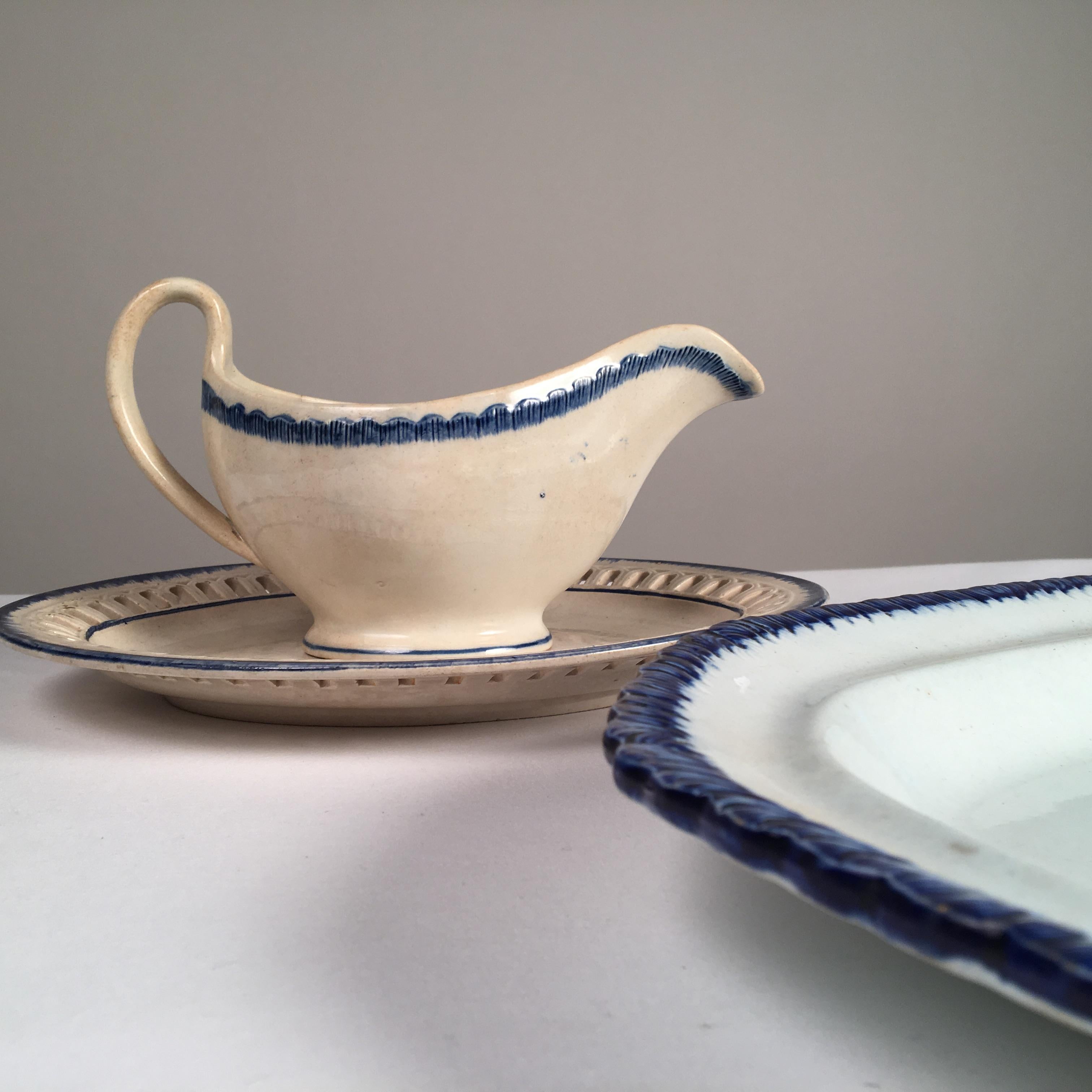 Georgian Blue Feather-Ware Platter and Gravy Boat, 19th Century