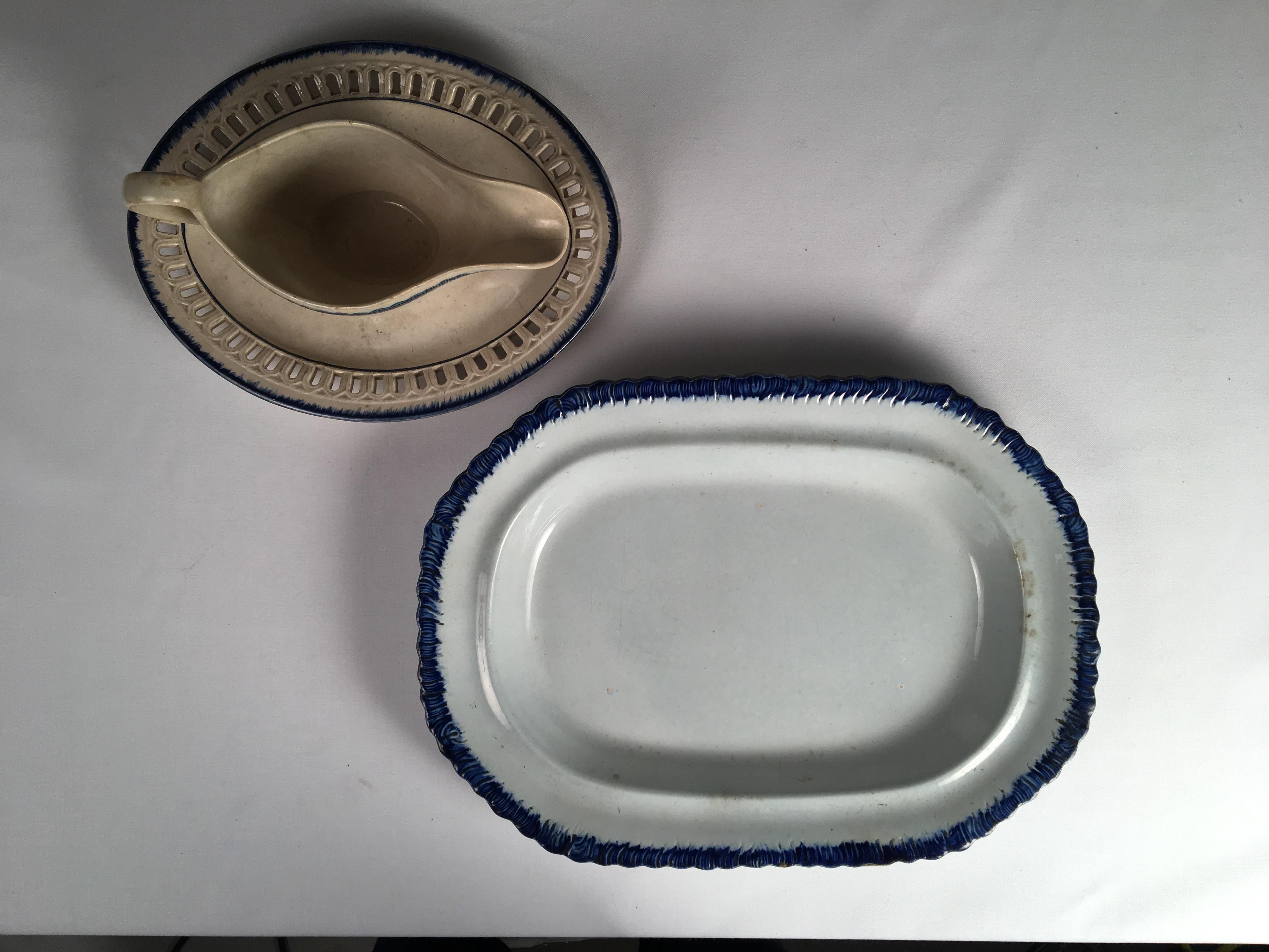 English Blue Feather-Ware Platter and Gravy Boat, 19th Century
