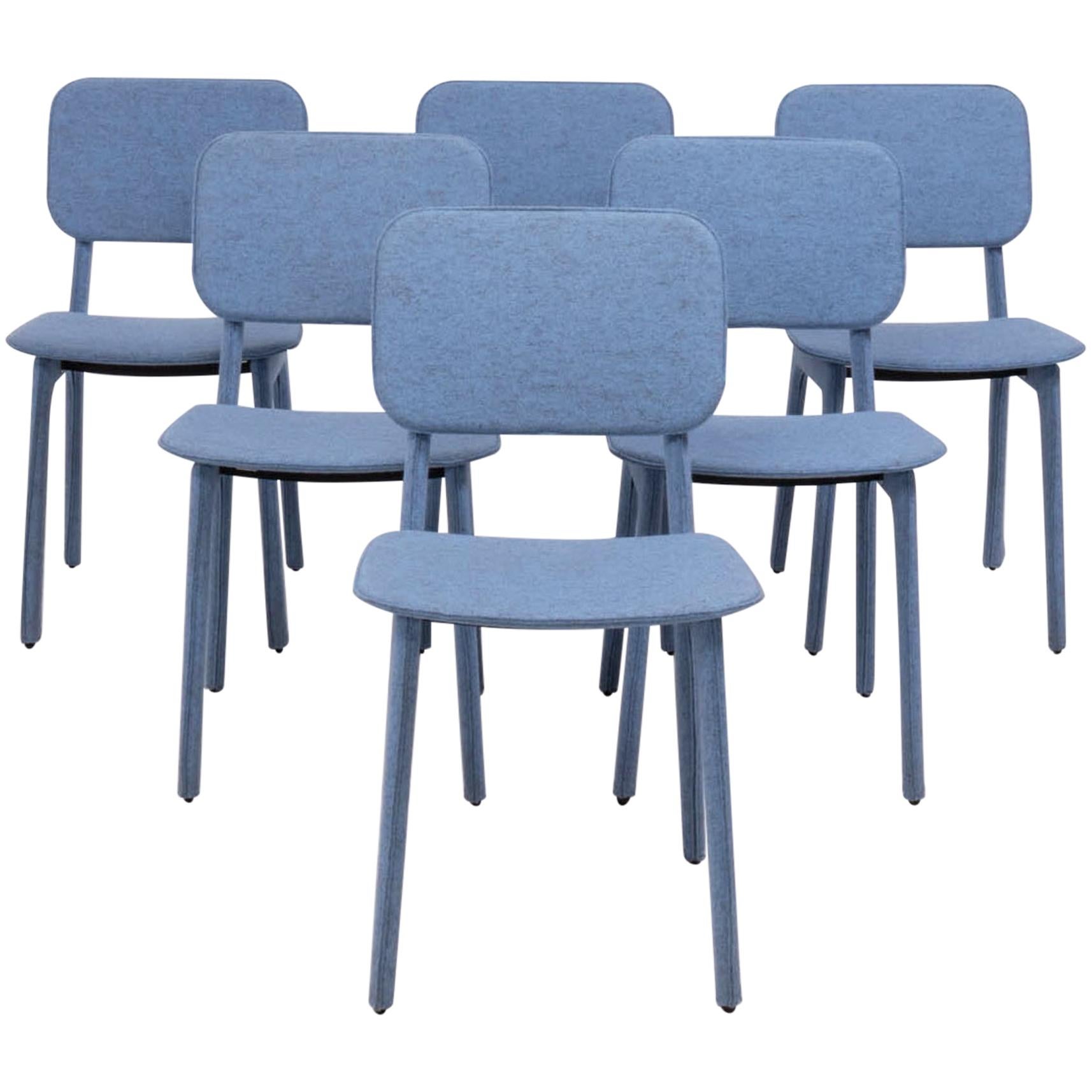 Ligne Roset by Delo Lindo Blue Felt Dining Chairs, Set of 6