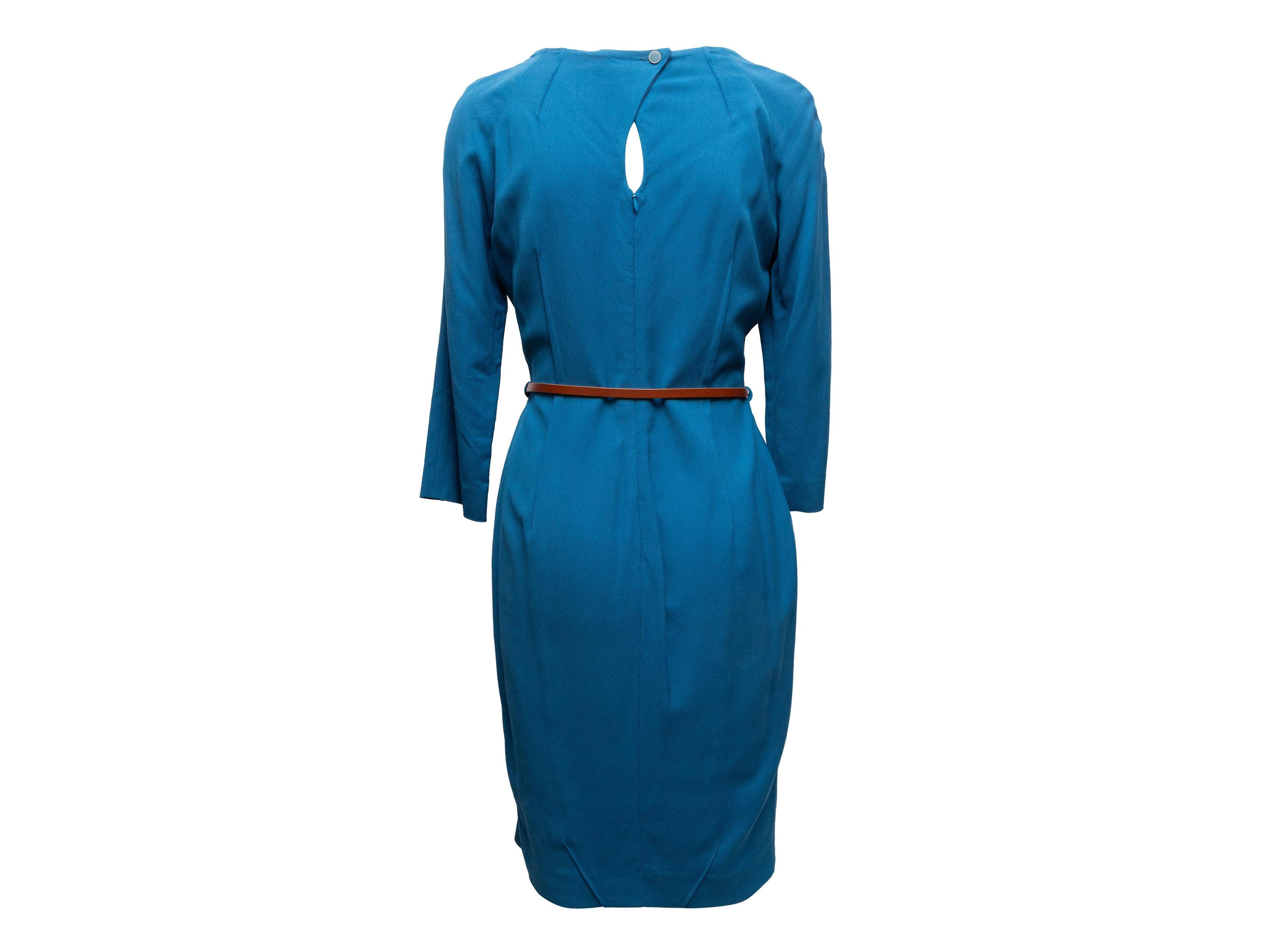Blue belted long sleeve dress by Fendi. Crew neck. Zip and button closures at back. 34