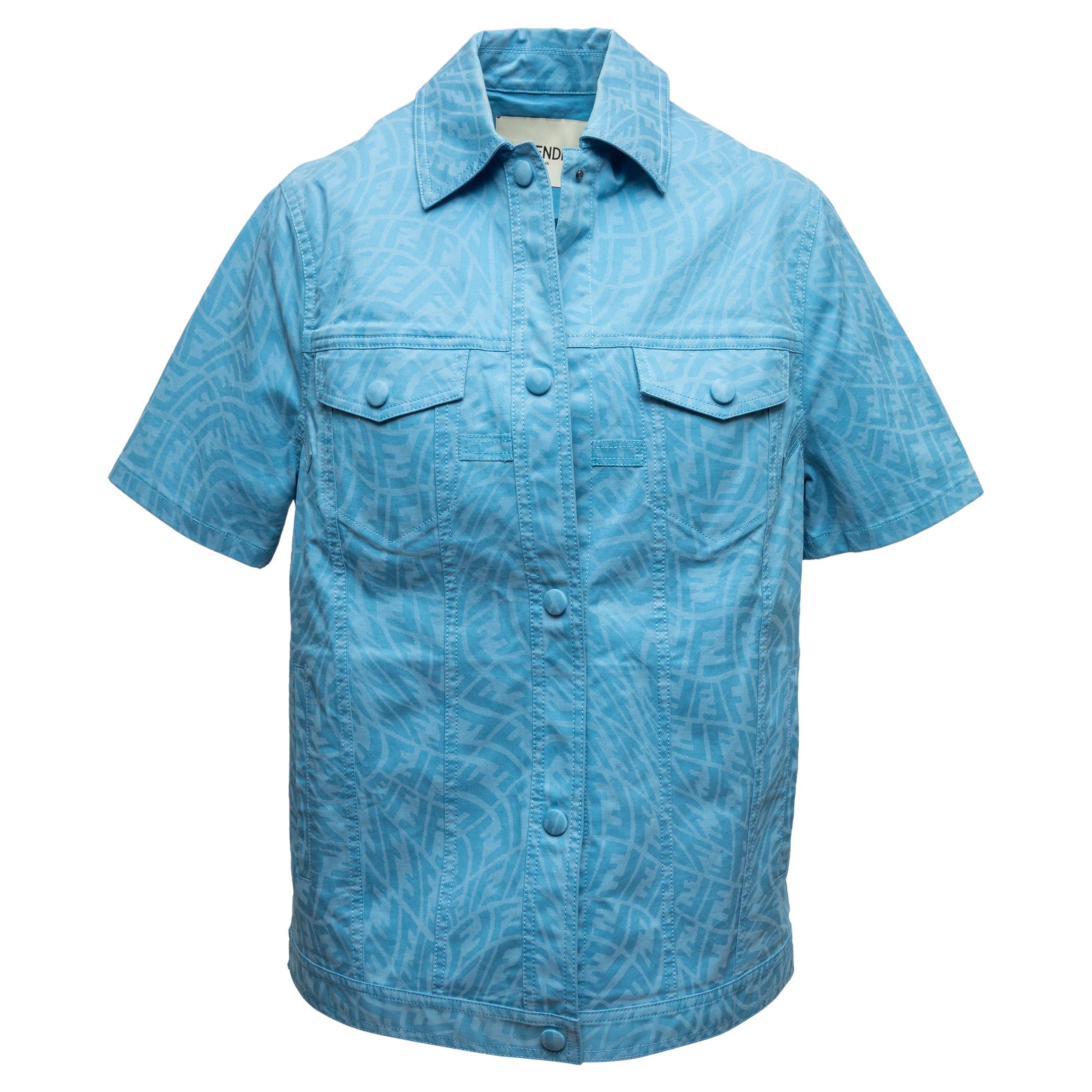Fendi Azul Nylon Manga Corta Estampado Zucca Abotonado