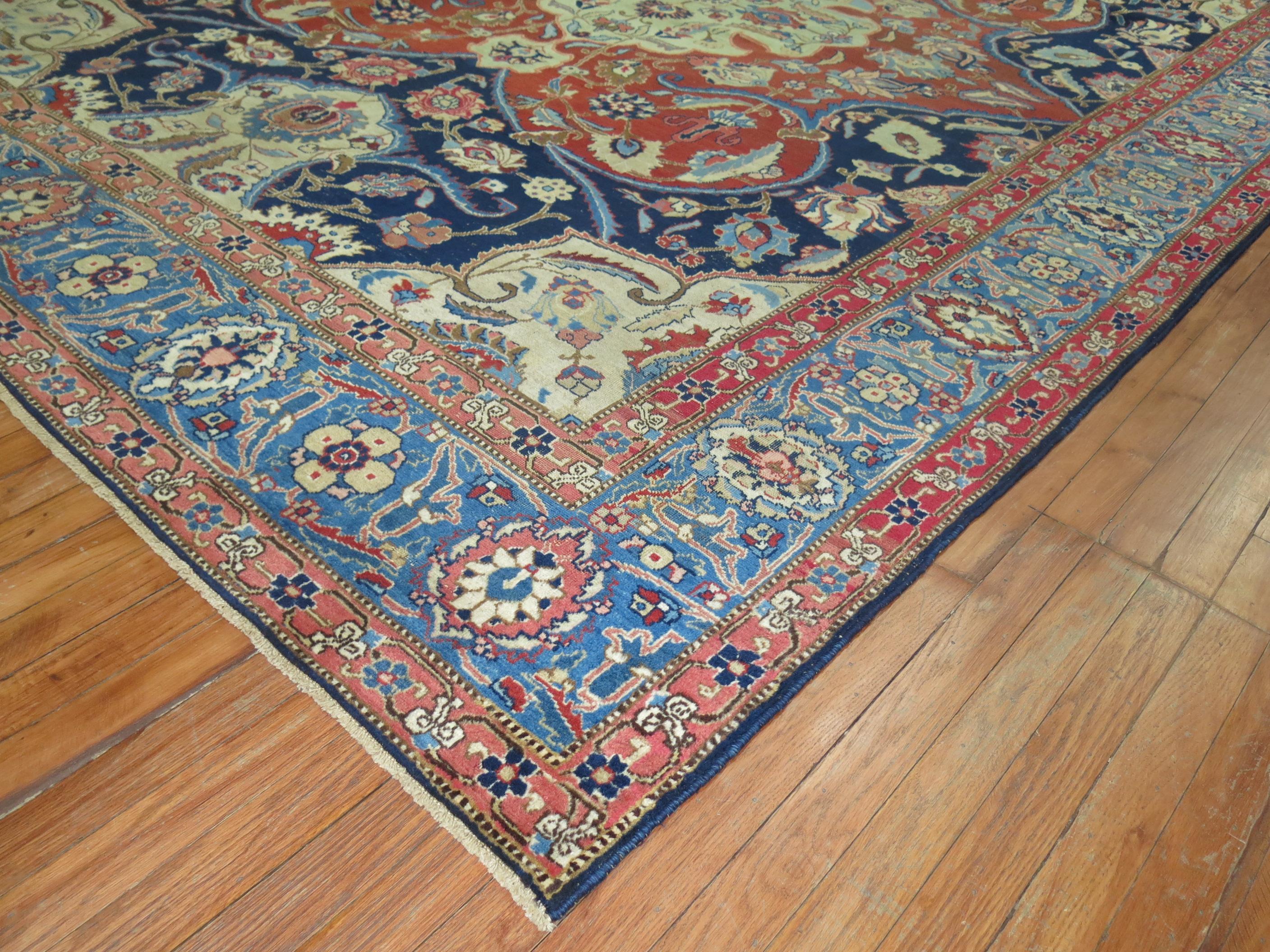 Hand-Woven Blue Field Antique Persian Tabriz For Sale