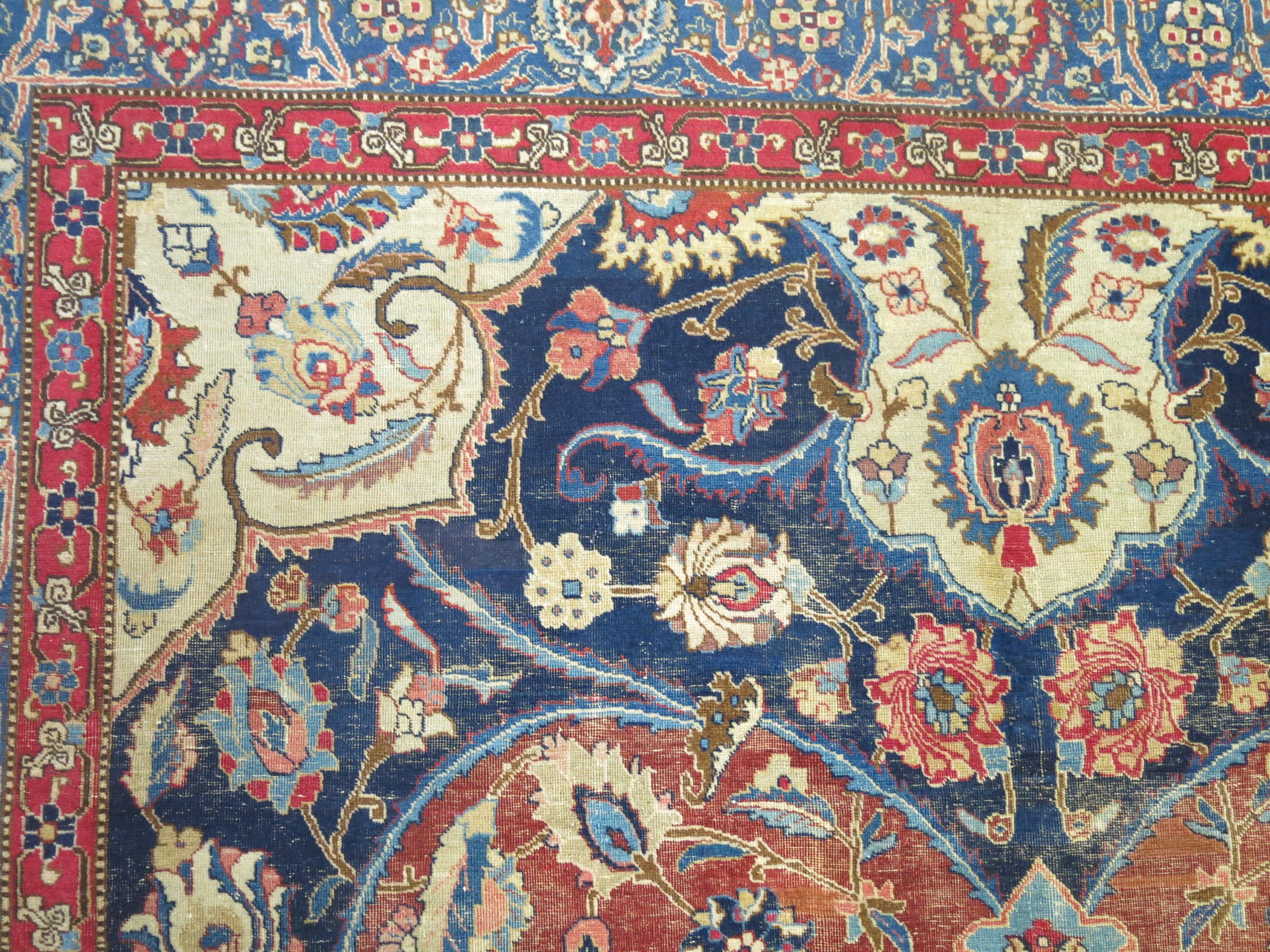 Blue Field Antique Persian Tabriz In Good Condition For Sale In New York, NY