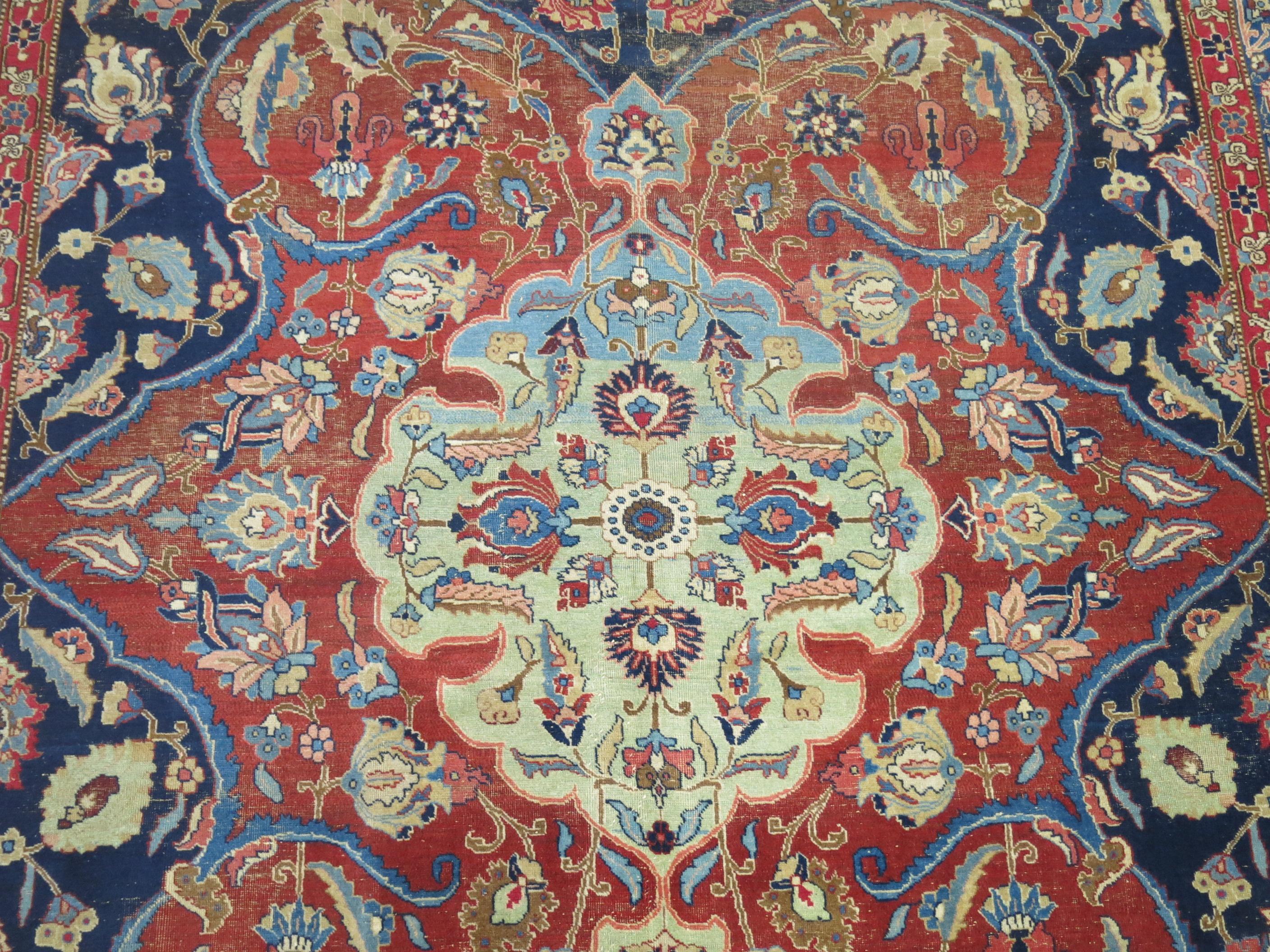 Wool Blue Field Antique Persian Tabriz For Sale