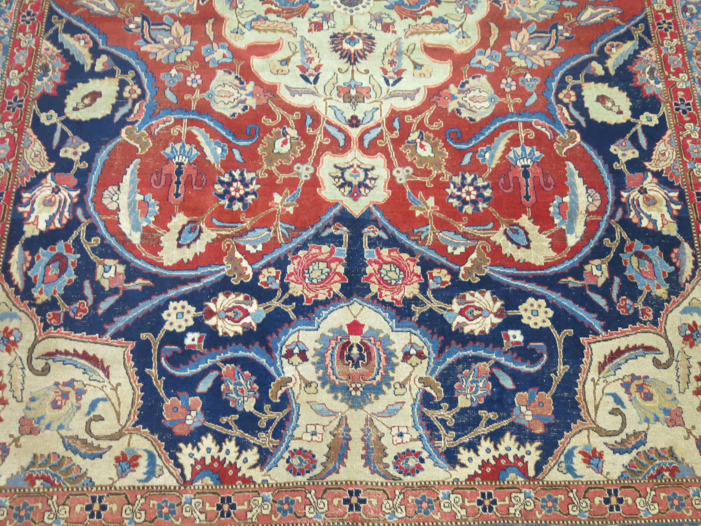 Blue Field Antique Persian Tabriz For Sale 1