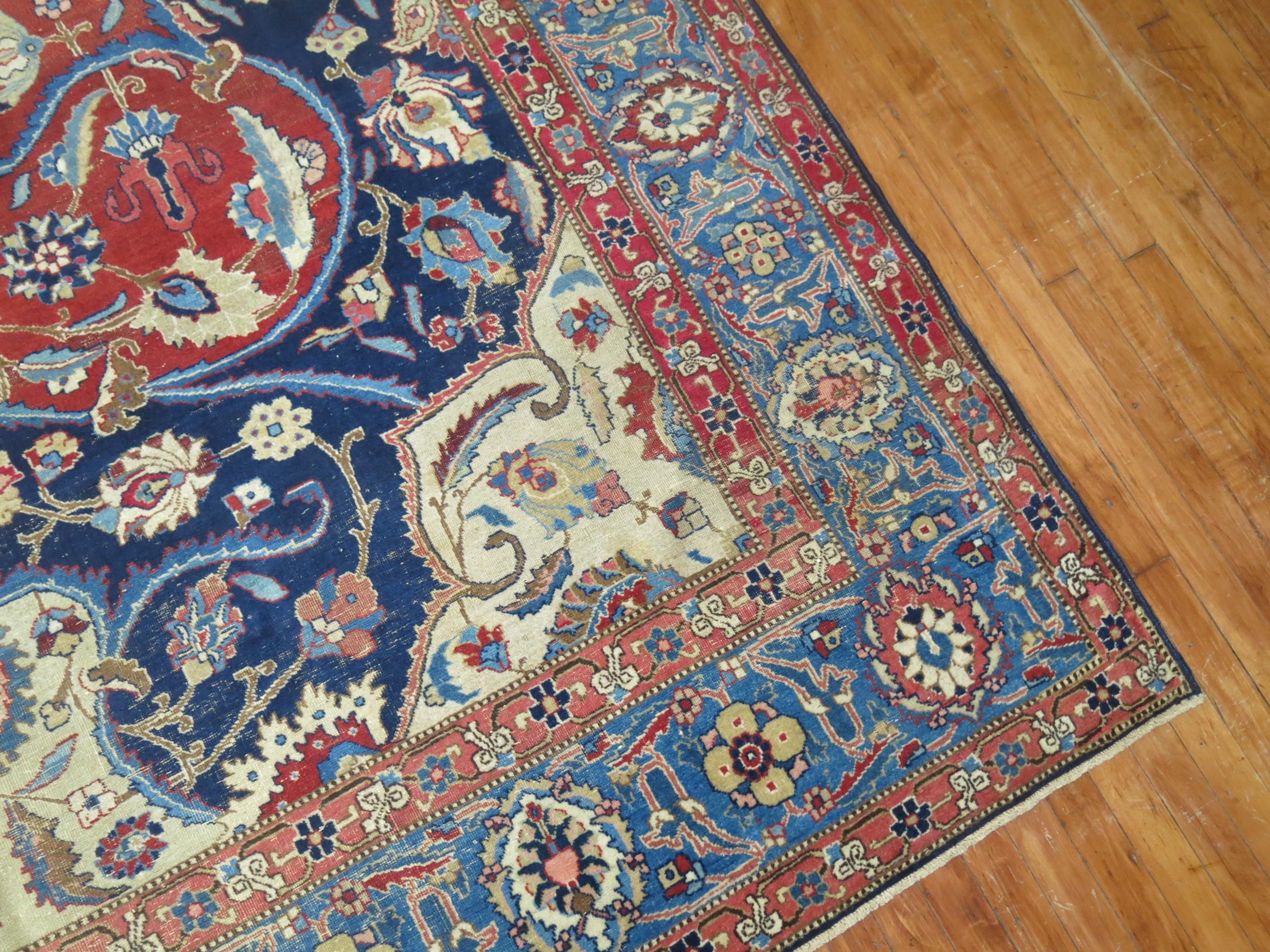 Blue Field Antique Persian Tabriz For Sale 2