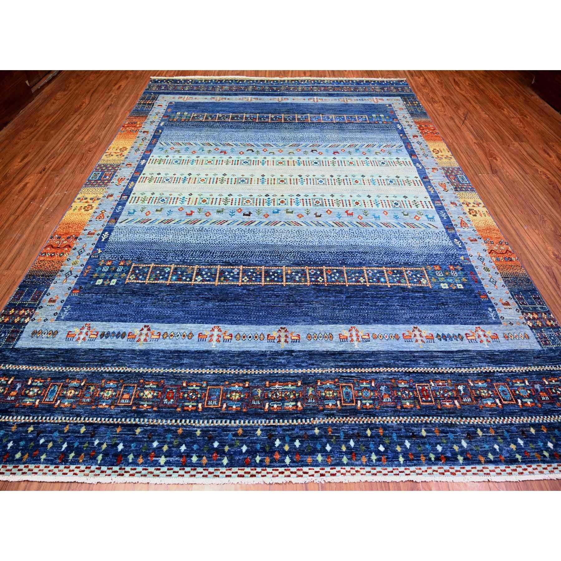 Blauer, feiner, handgeknüpfter, weicher Kashkuli Gabbeh orientalischer Teppich aus Wolle 8'11