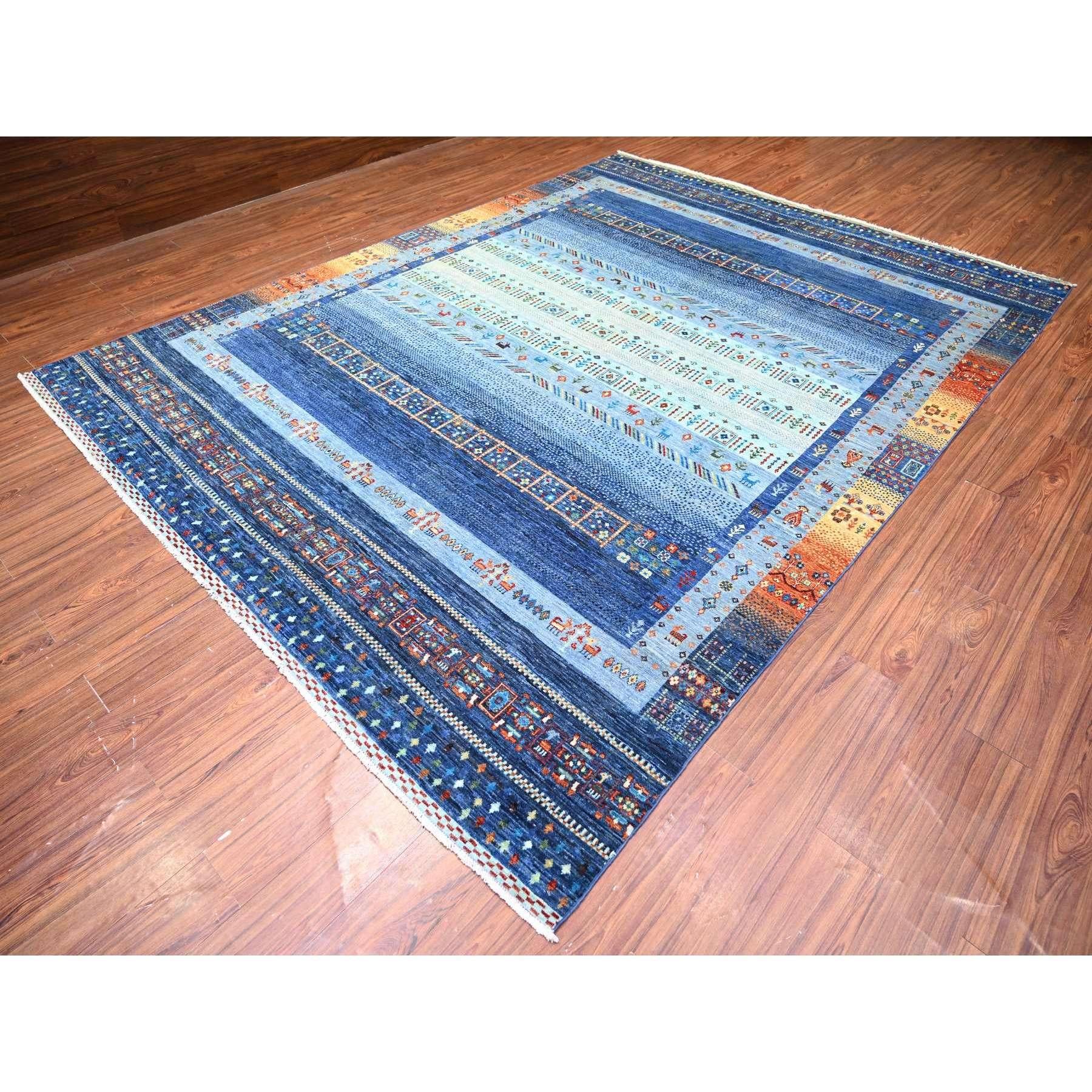 Blauer, feiner, handgeknüpfter, weicher Kashkuli Gabbeh orientalischer Teppich aus Wolle 8'11