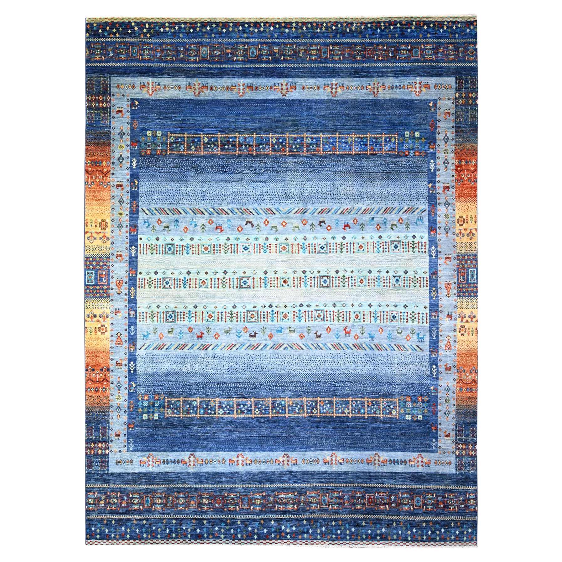 Blauer, feiner, handgeknüpfter, weicher Kashkuli Gabbeh orientalischer Teppich aus Wolle 8'11" x 11'11"