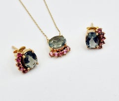 Blue Fire Opal and Pink Tourmaline on Yellow Gold Necklace and Earrings Set