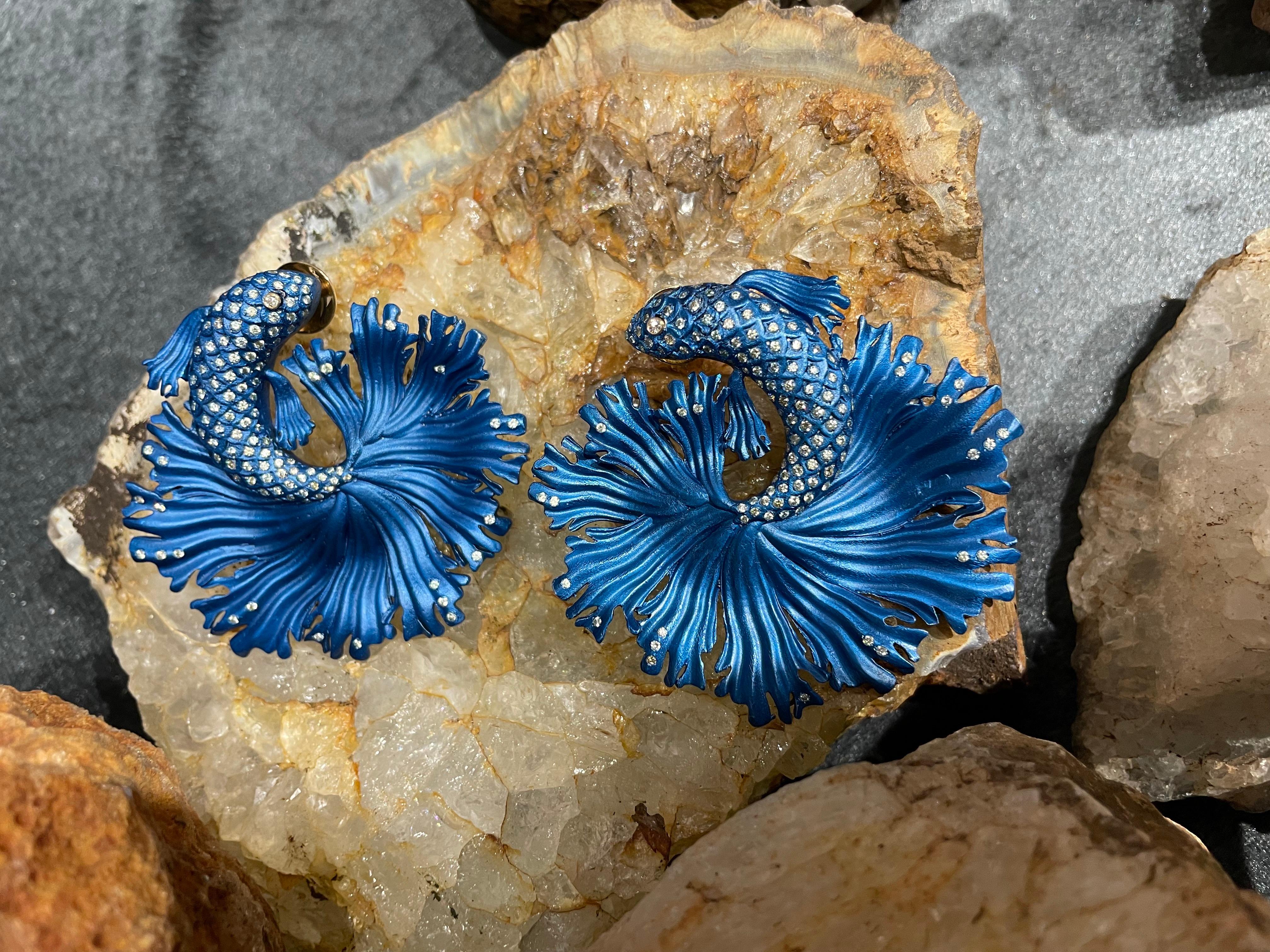 Contemporary Eco-Chic Blue Fish Earrings: Recycled Aluminium, 18kt Gold & Diamond For Sale