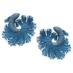 Eco-Chic Blue Fish Earrings: Recycled Aluminium, 18kt Gold & Diamond