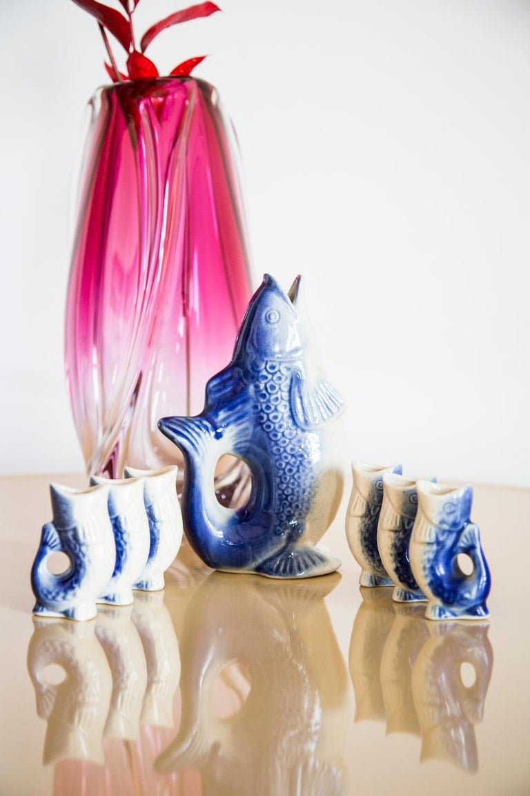 Blue Fish Glass Decanter and Glasses, 20th Century, Europe, 1960s For