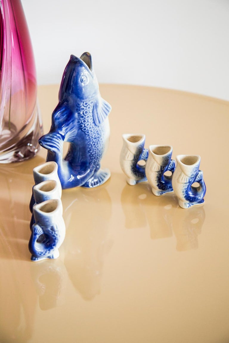 Blue Fish Glass Decanter and Glasses, 20th Century, Europe, 1960s For