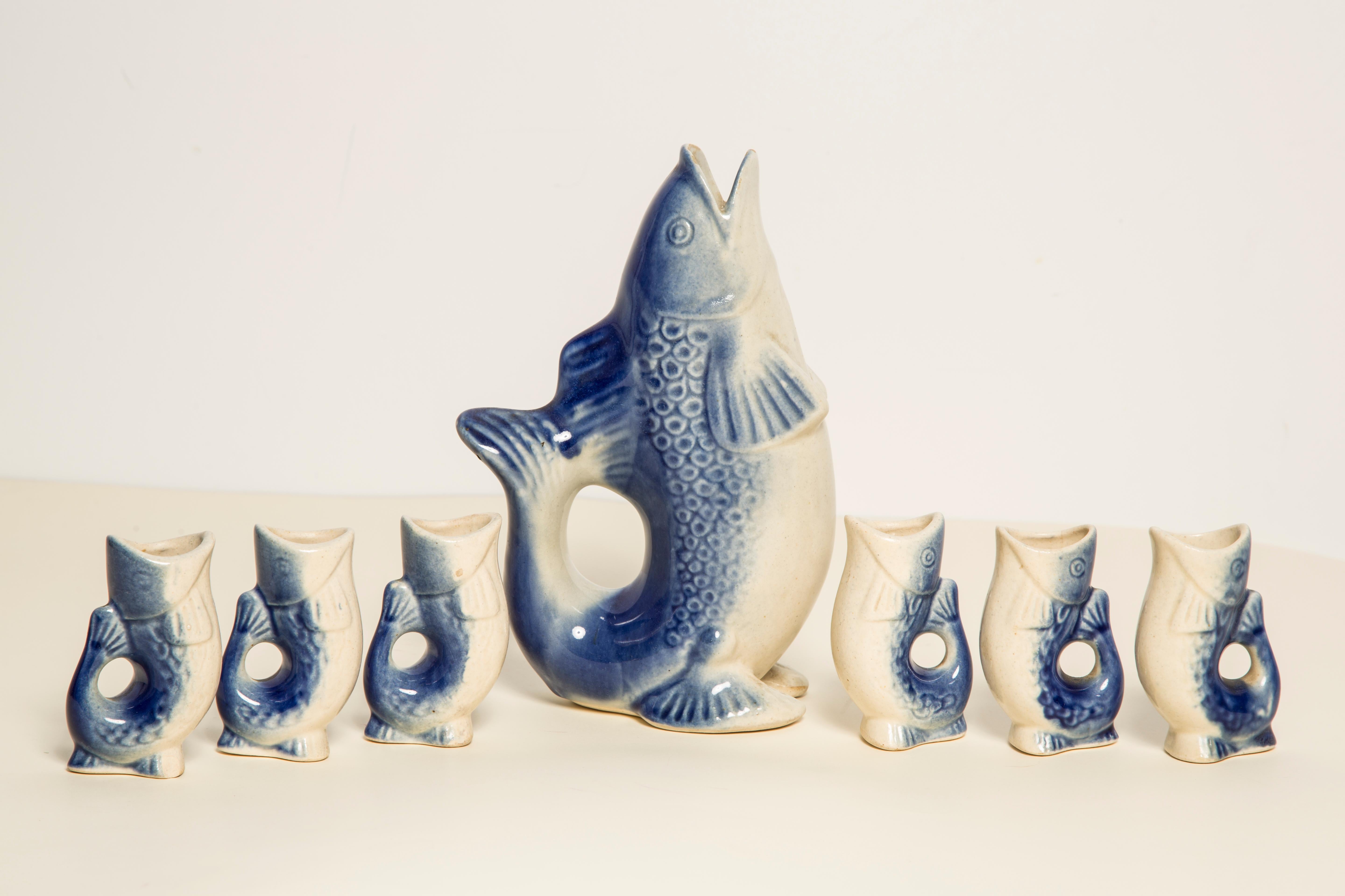 Porcelain Blue Fish Glass Decanter and Glasses, 20th Century, Europe, 1960s For Sale