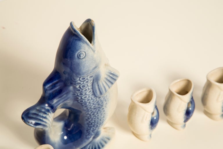 Blue Fish Glass Decanter and Glasses, 20th Century, Europe, 1960s For