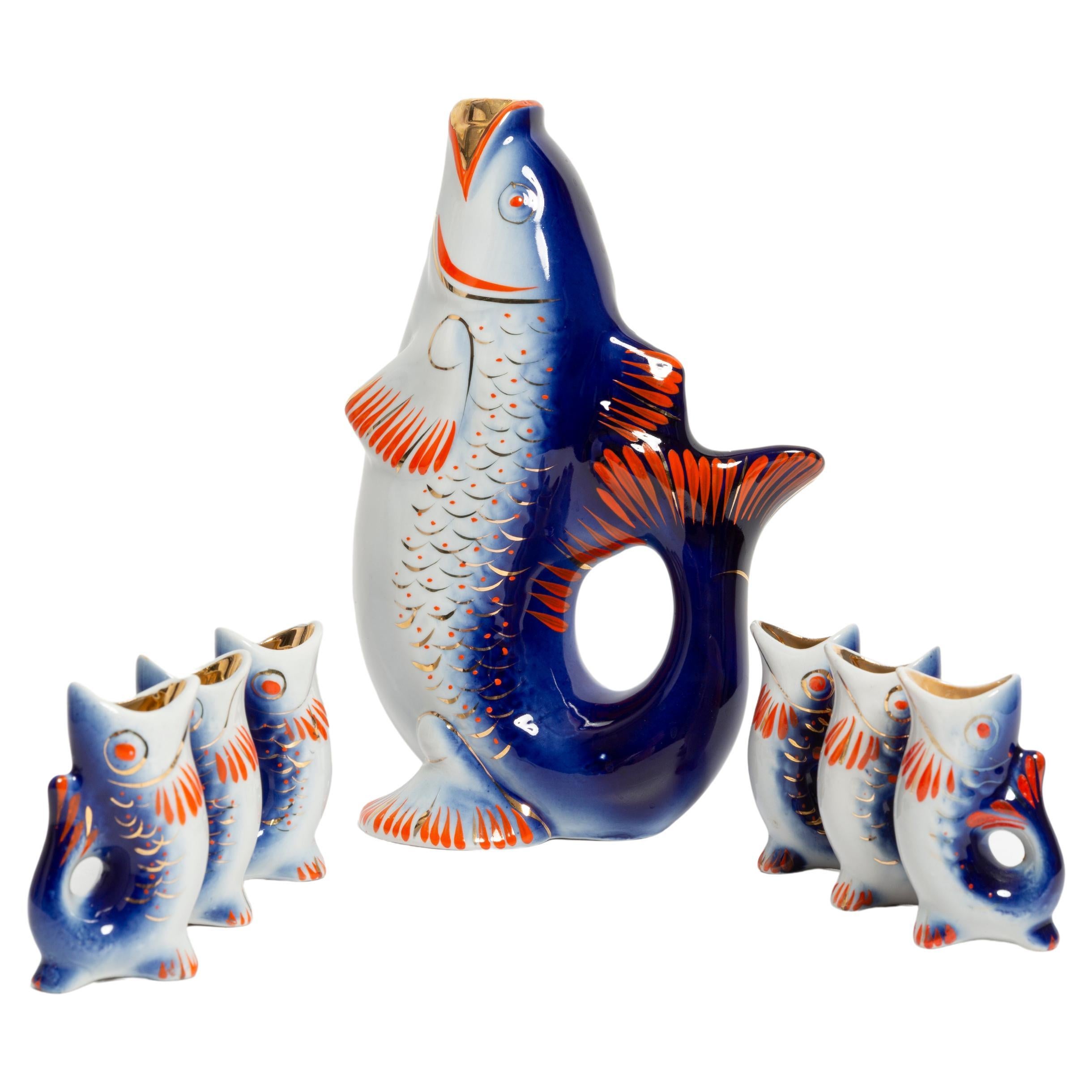 Blue Fish Glass Decanter and Glasses, 20th Century, Europe, 1960s For Sale
