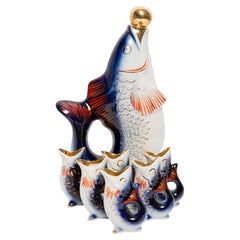 Blue Fish Glass Decanter and Glasses, 20th Century, Europe, 1960s