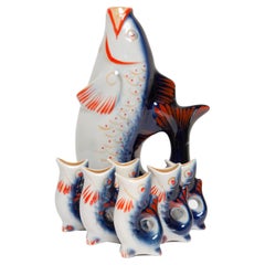 Blue Fish Glass Decanter and Glasses, 20th Century, Europe, 1960s