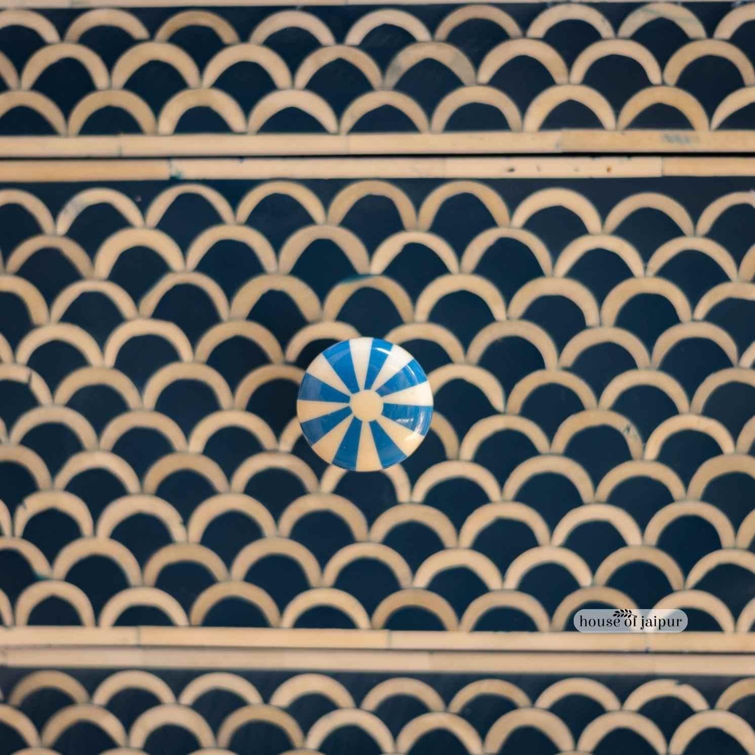 Art Deco Blue Fish scale Bone Inlay Console Table with Three Drawers by House of Jaipur For Sale