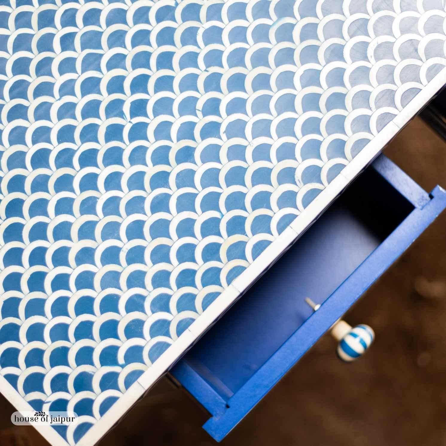 Indian Blue Fish scale Bone Inlay Console Table with Three Drawers by House of Jaipur For Sale