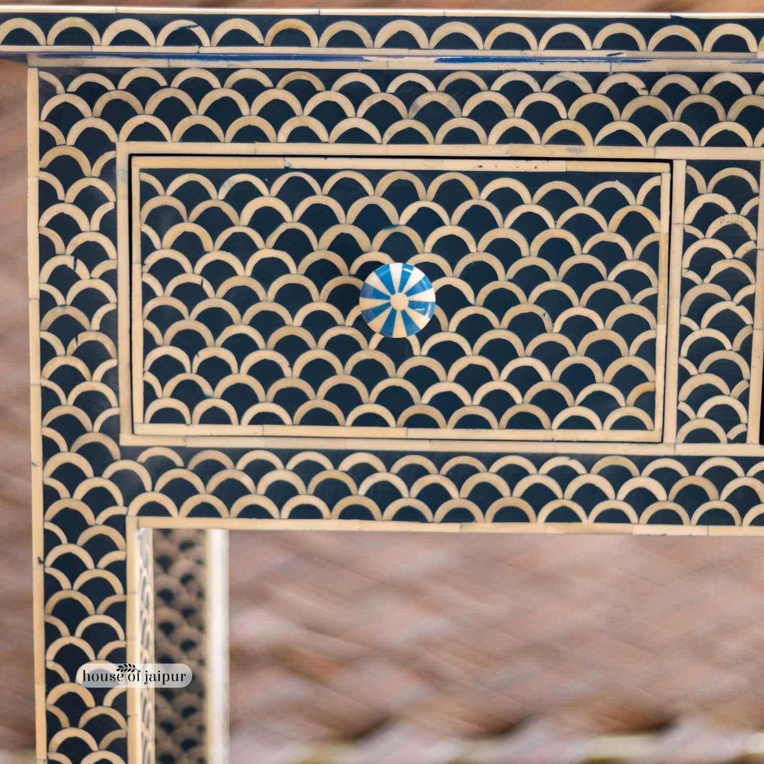 Blue Fish scale Bone Inlay Console Table with Three Drawers by House of Jaipur In New Condition For Sale In New York, NY