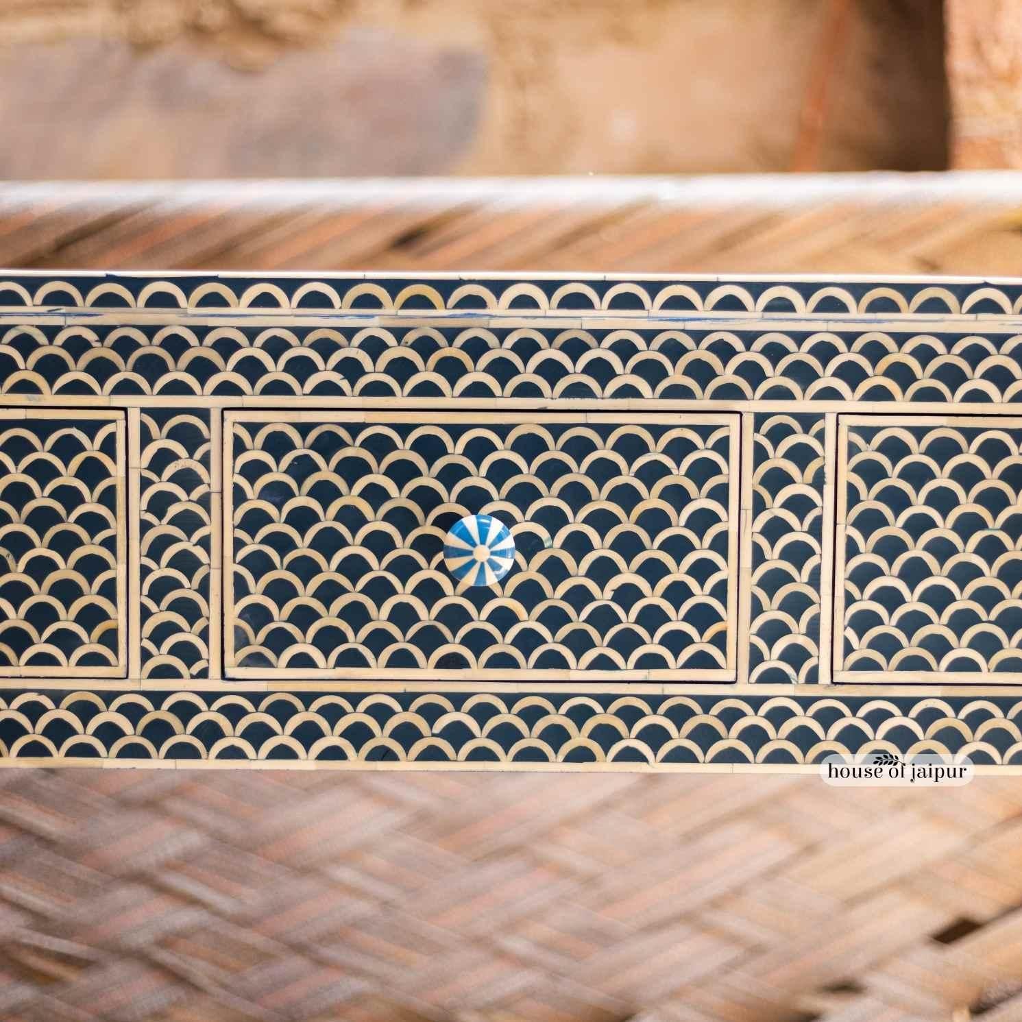 Contemporary Blue Fish scale Bone Inlay Console Table with Three Drawers by House of Jaipur For Sale