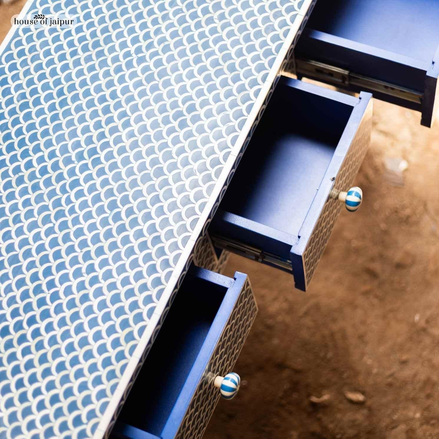 Blue Fish scale Bone Inlay Console Table with Three Drawers by House of Jaipur For Sale 1