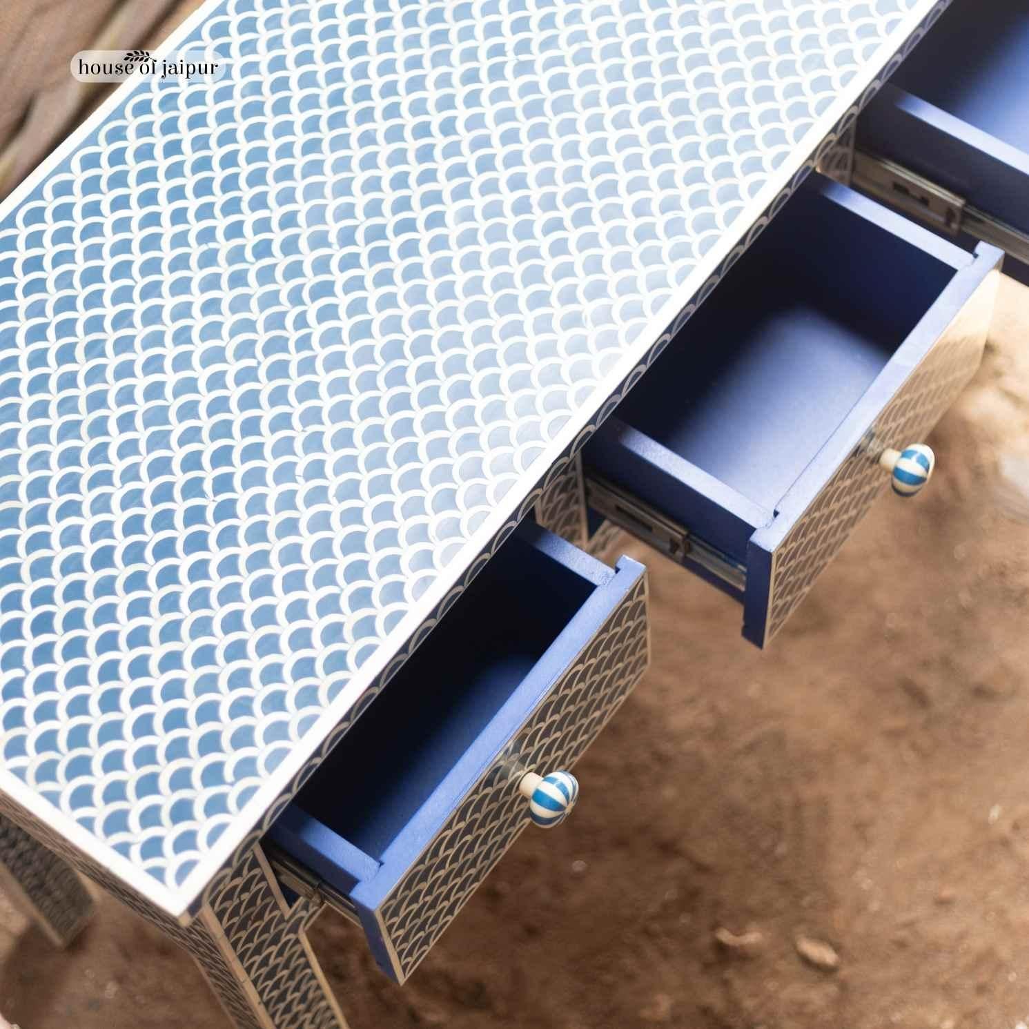 Blue Fish scale Bone Inlay Console Table with Three Drawers by House of Jaipur For Sale 2