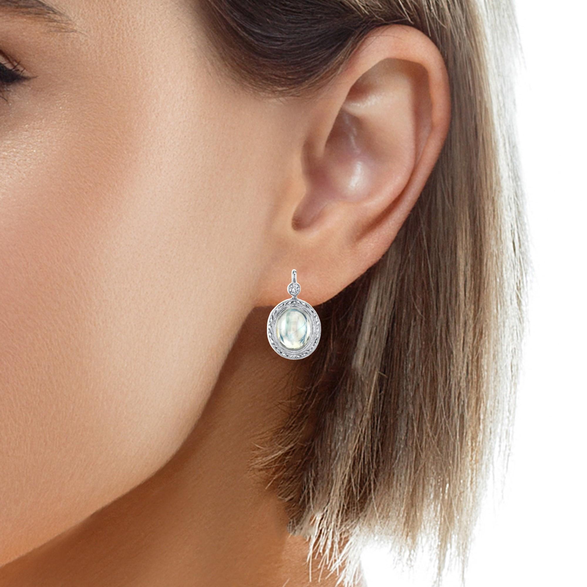 Blue Flash Moonstone and Diamond Drop Earrings in Hand Engraved White Gold  For Sale 8