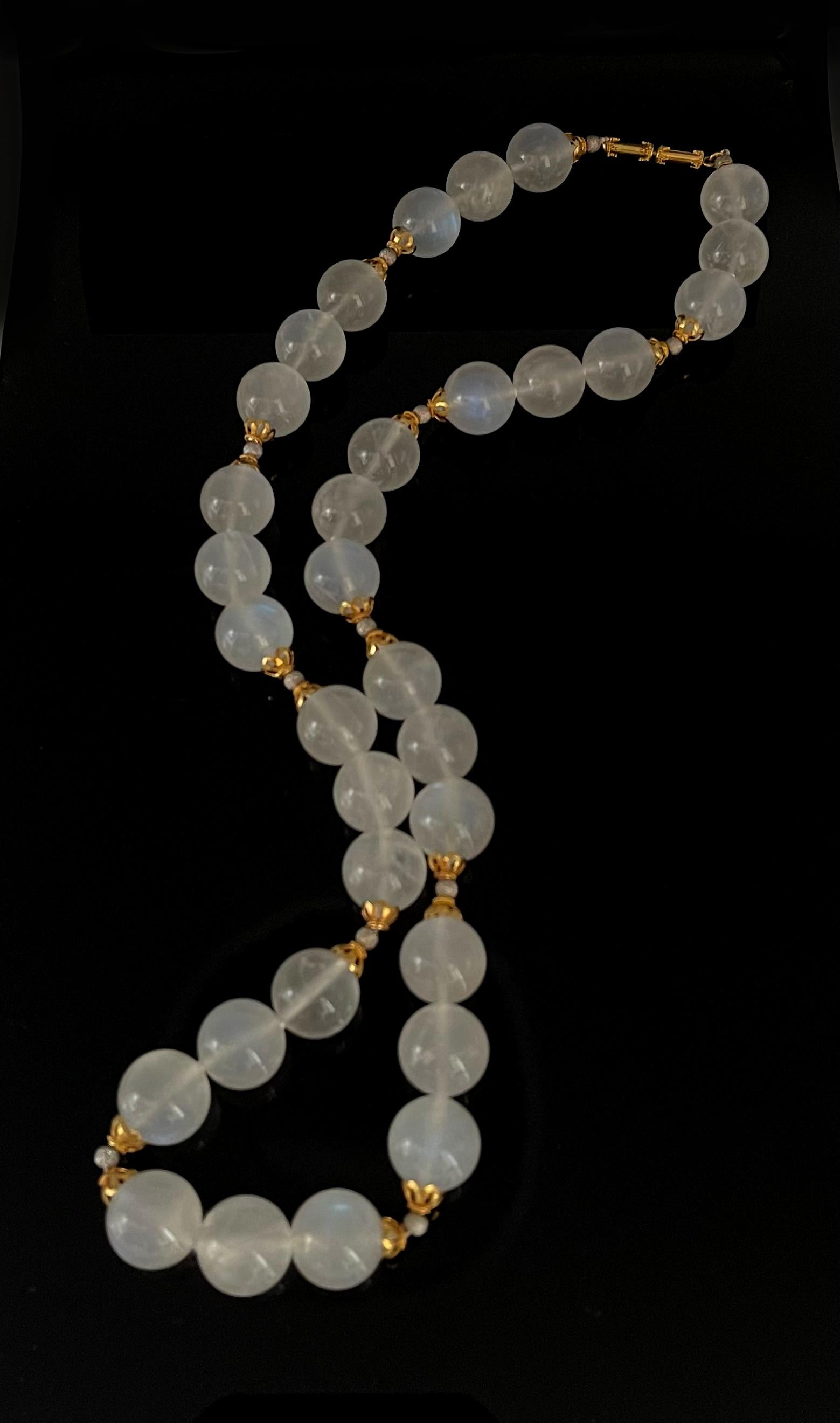 Women's or Men's 12mm Blue Flash Moonstone Beaded Necklace with White and Yellow Gold Accents For Sale