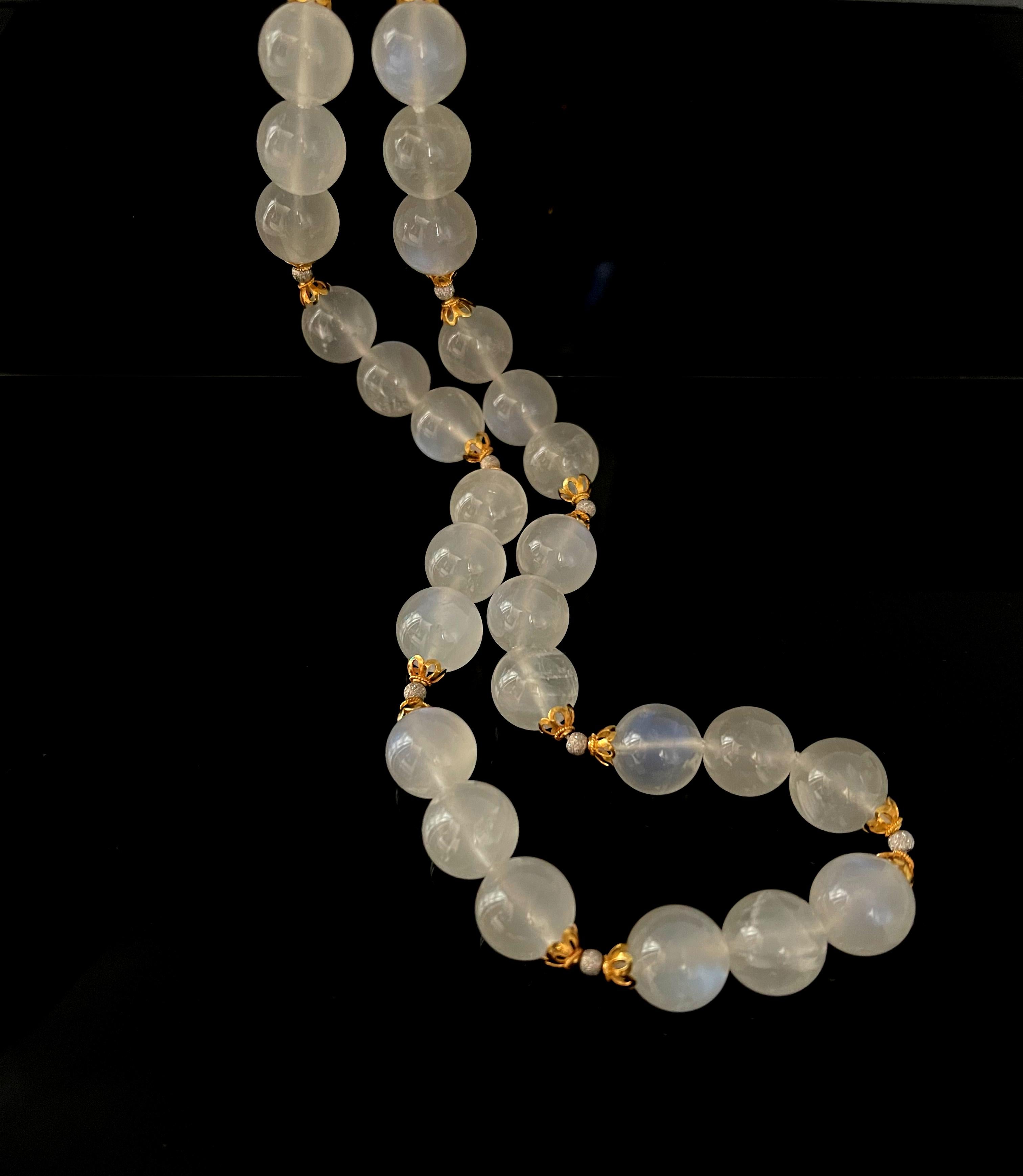 12mm Blue Flash Moonstone Beaded Necklace with White and Yellow Gold Accents In New Condition For Sale In Los Angeles, CA