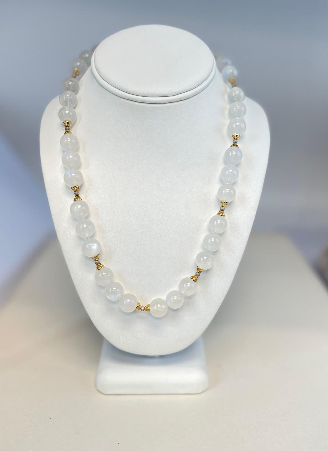 Artisan 12mm Blue Flash Moonstone Beaded Necklace with White and Yellow Gold Accents For Sale