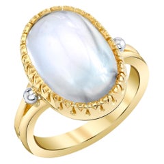 Blue Flash Moonstone Cabochon Bezel Set Ring 18k Gold, 9.79 Carats