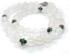 Blue Flash Moonstone, Chrome Diopside, Blue Sapphire and Gold Beaded Necklace