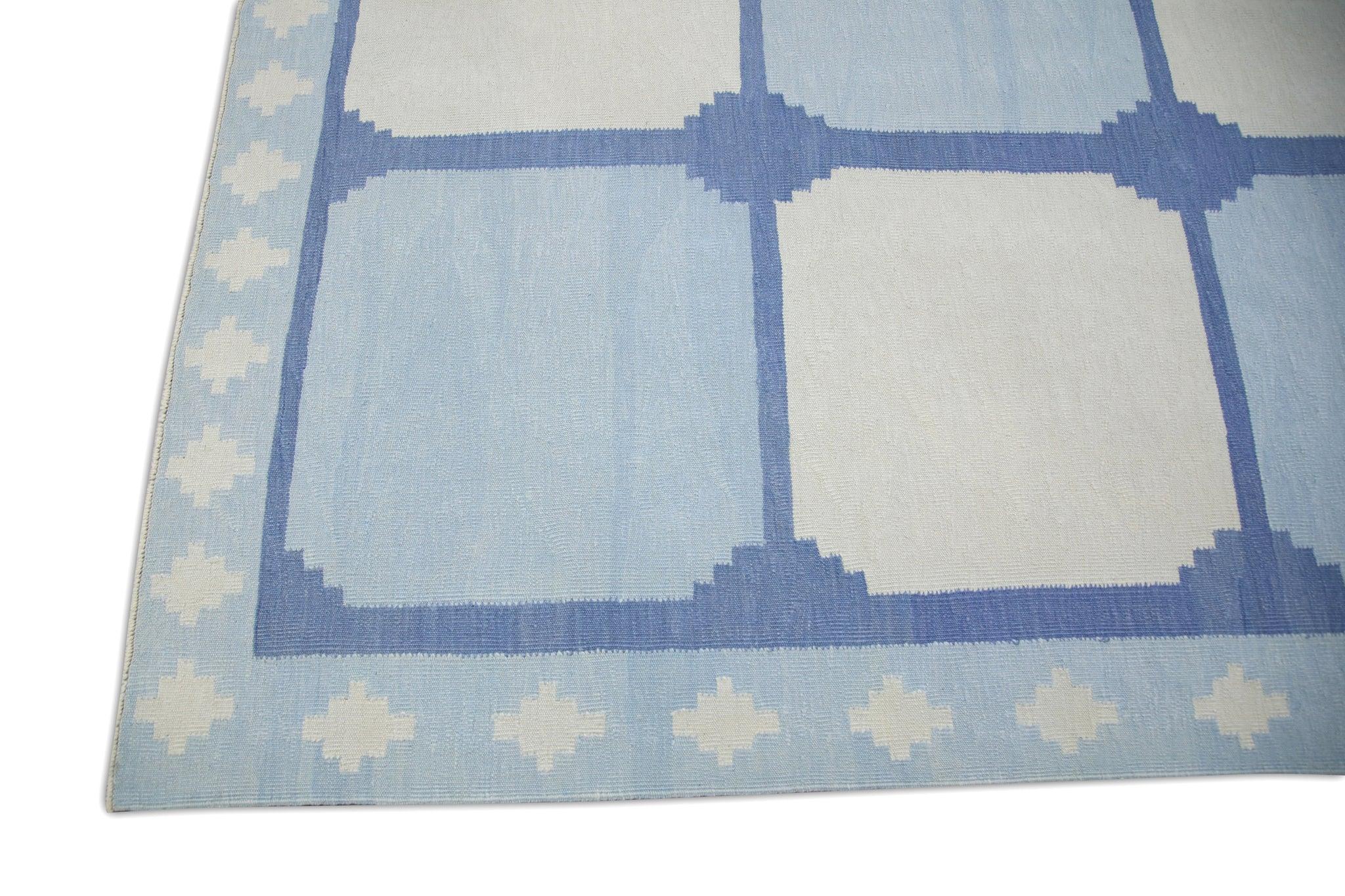 Blauer handgefertigter blauer Flachgewebe-Kelim-Teppich aus Wolle 12'2