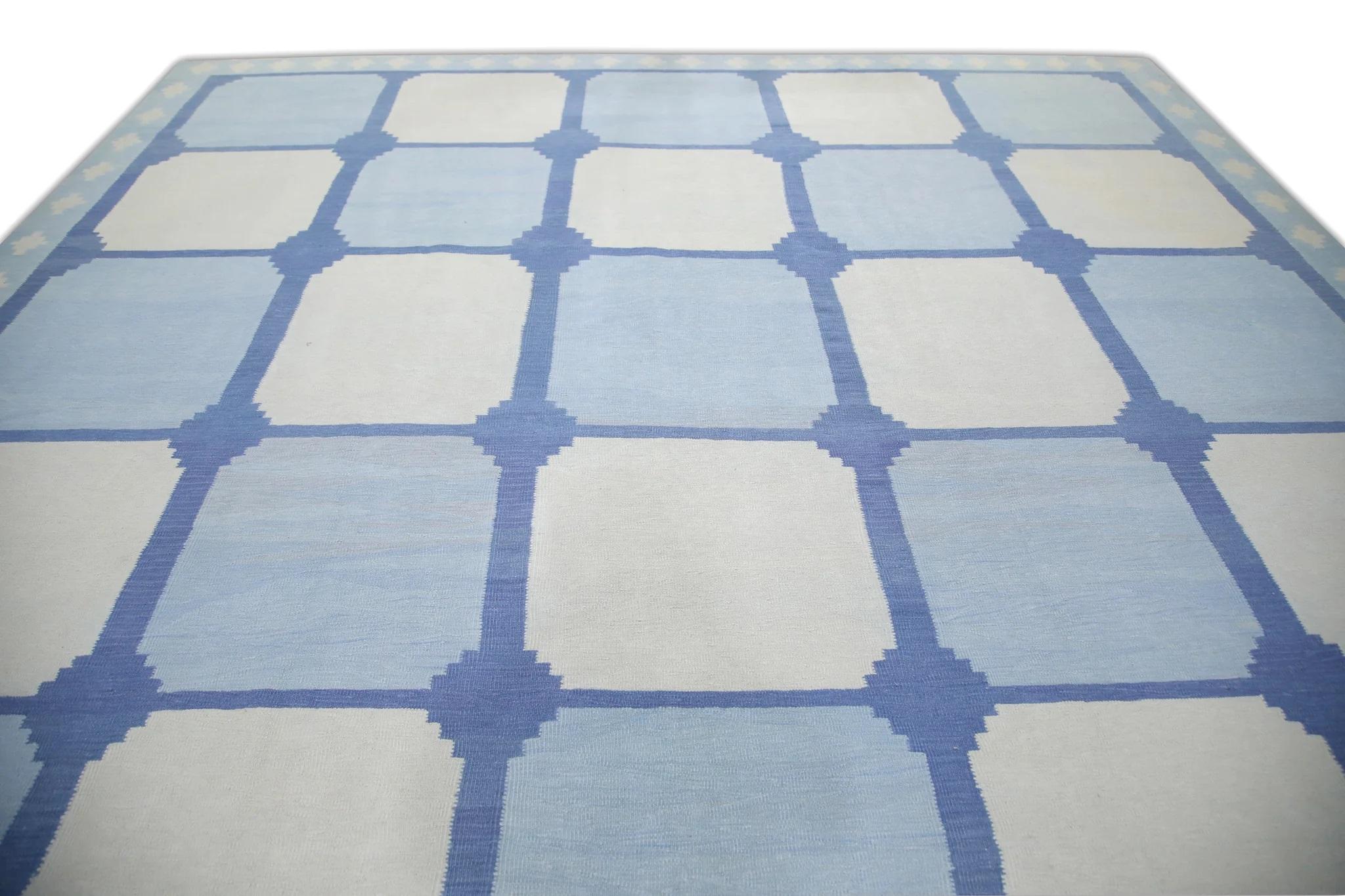 Blauer handgefertigter blauer Flachgewebe-Kelim-Teppich aus Wolle 12'2
