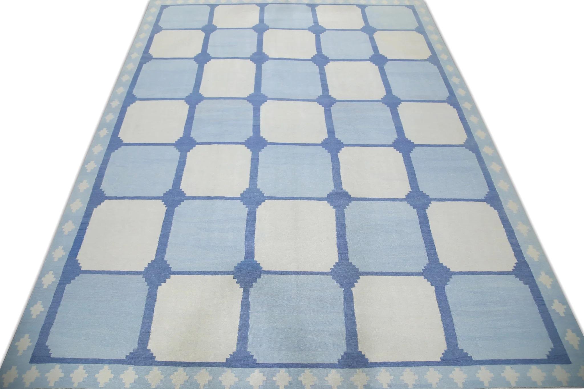Blauer handgefertigter blauer Flachgewebe-Kelim-Teppich aus Wolle 12'2