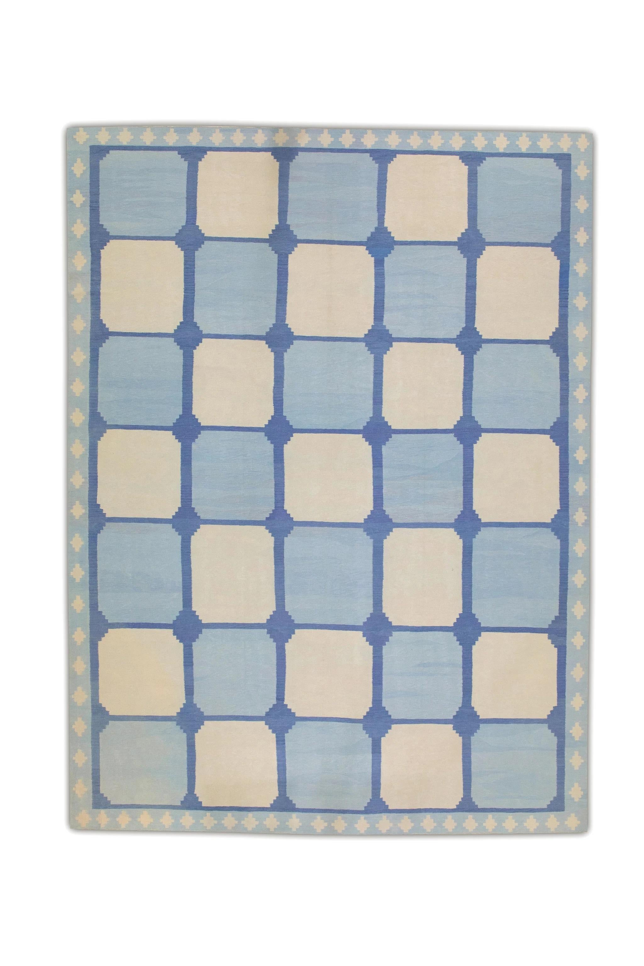 Blauer handgefertigter blauer Flachgewebe-Kelim-Teppich aus Wolle 12'2