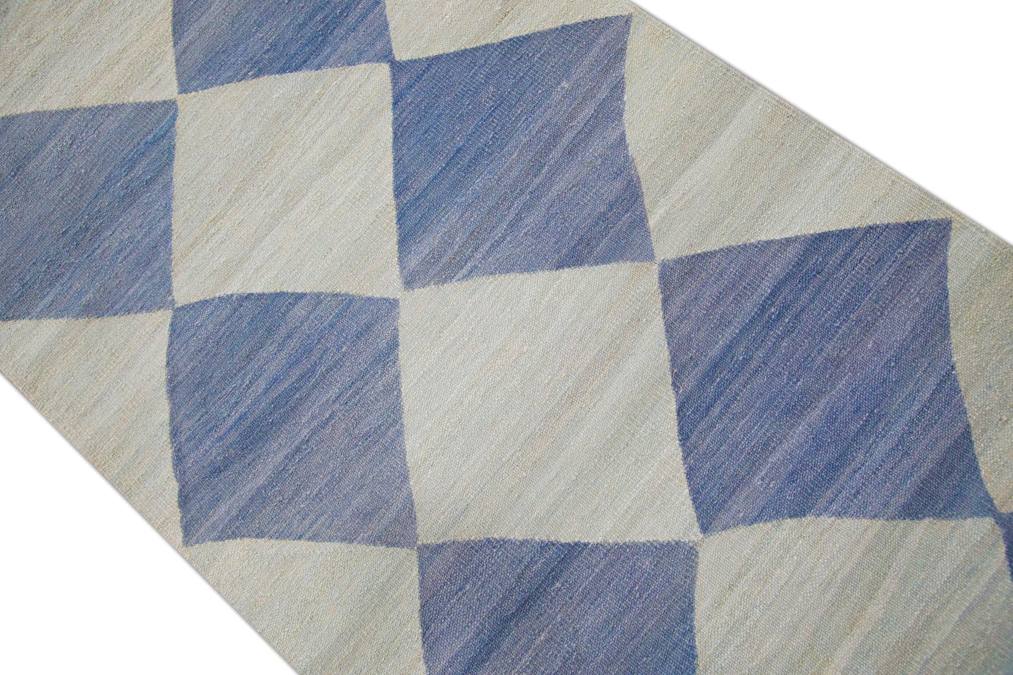 Contemporary Blue Flatweave Handmade Wool Runner 3'2
