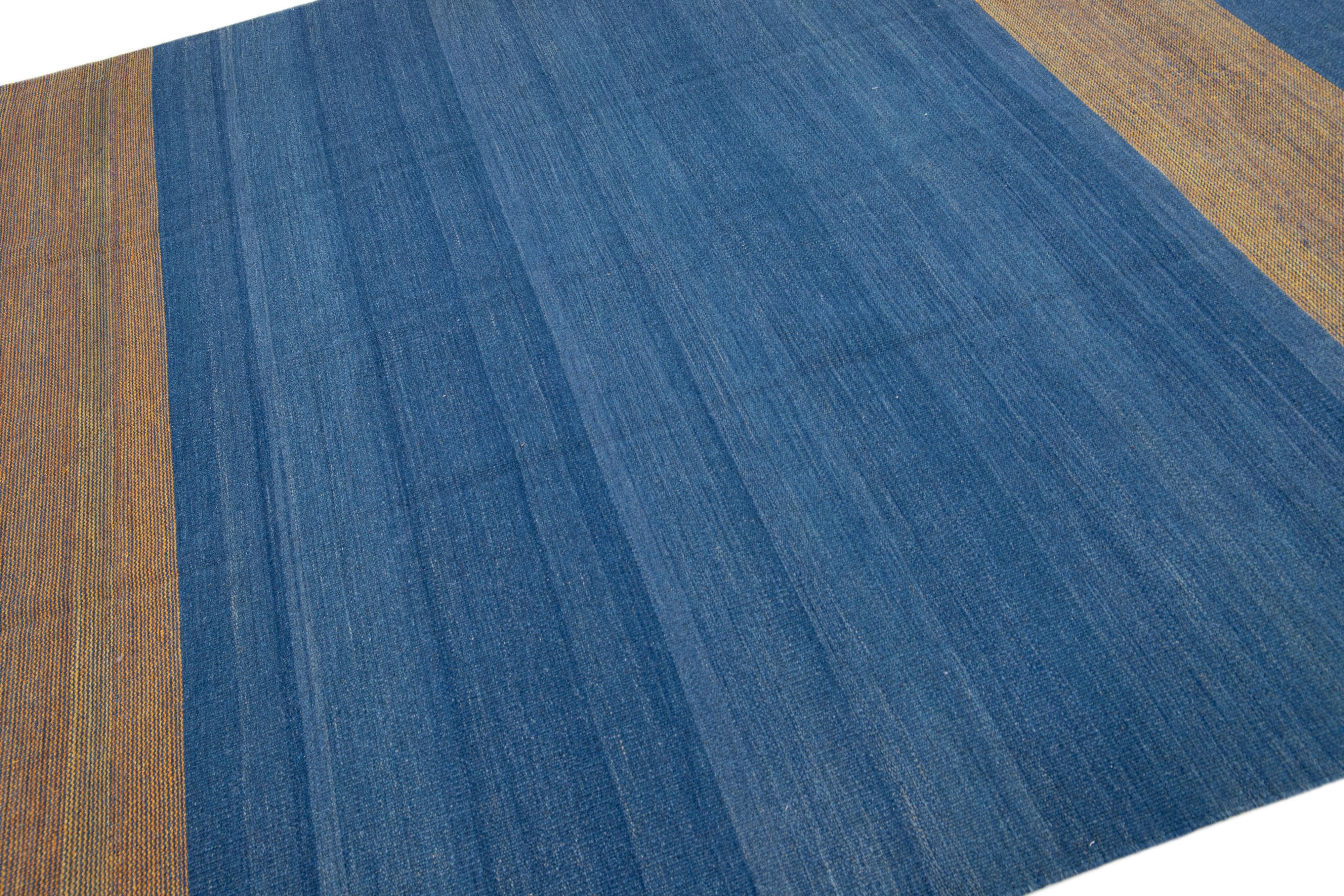 Hand-Knotted Blue Flatweave Modern Turkish Kilim Wool Rug with Minimalist Design For Sale